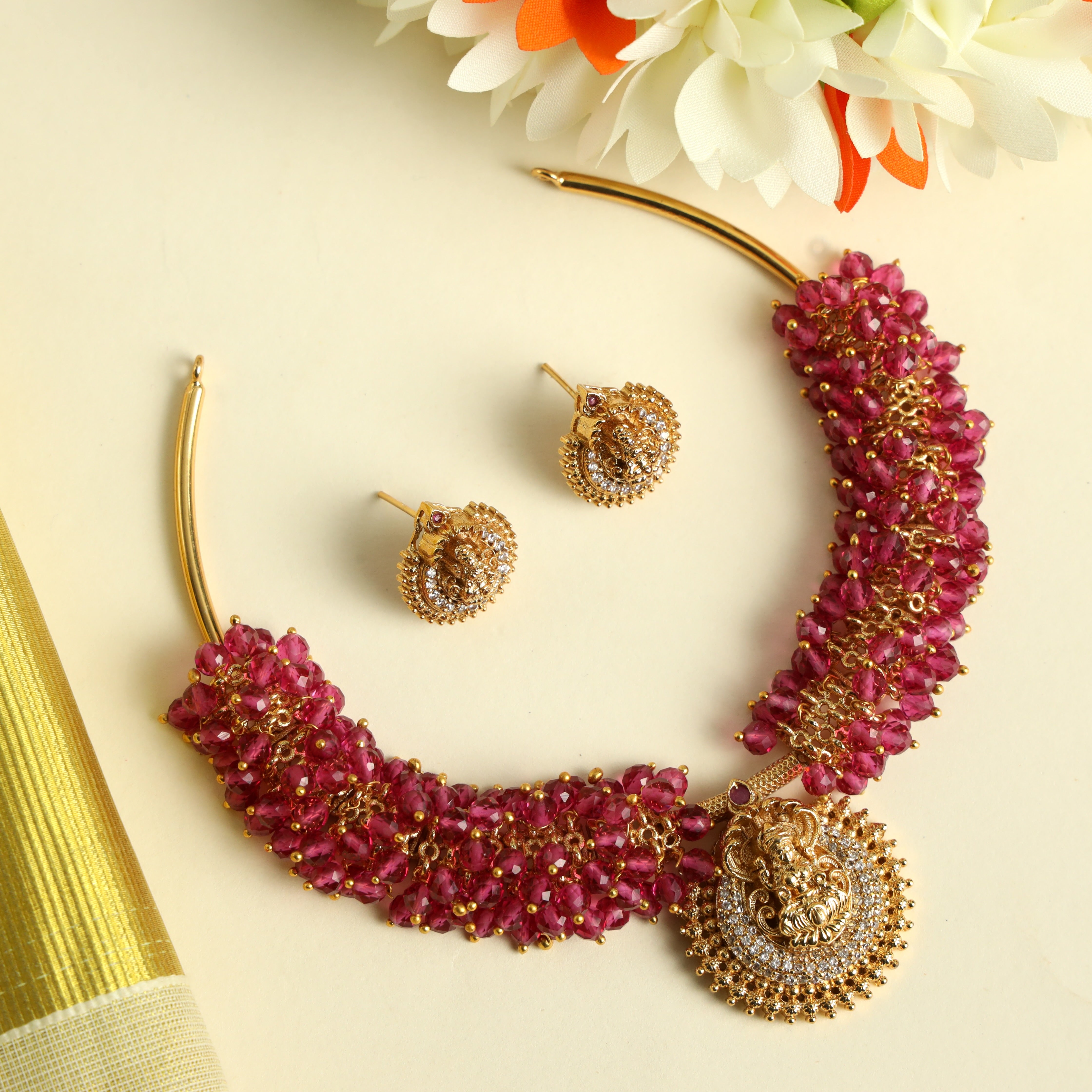 Antique Gold AD Lakshmi Pendant Hasli Set - Grape