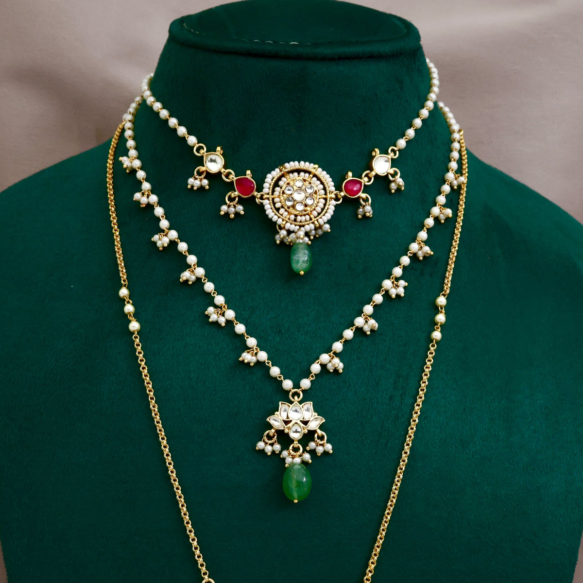 Premium Pachi Kundan 3 Layer Lotus Flower Combo Set