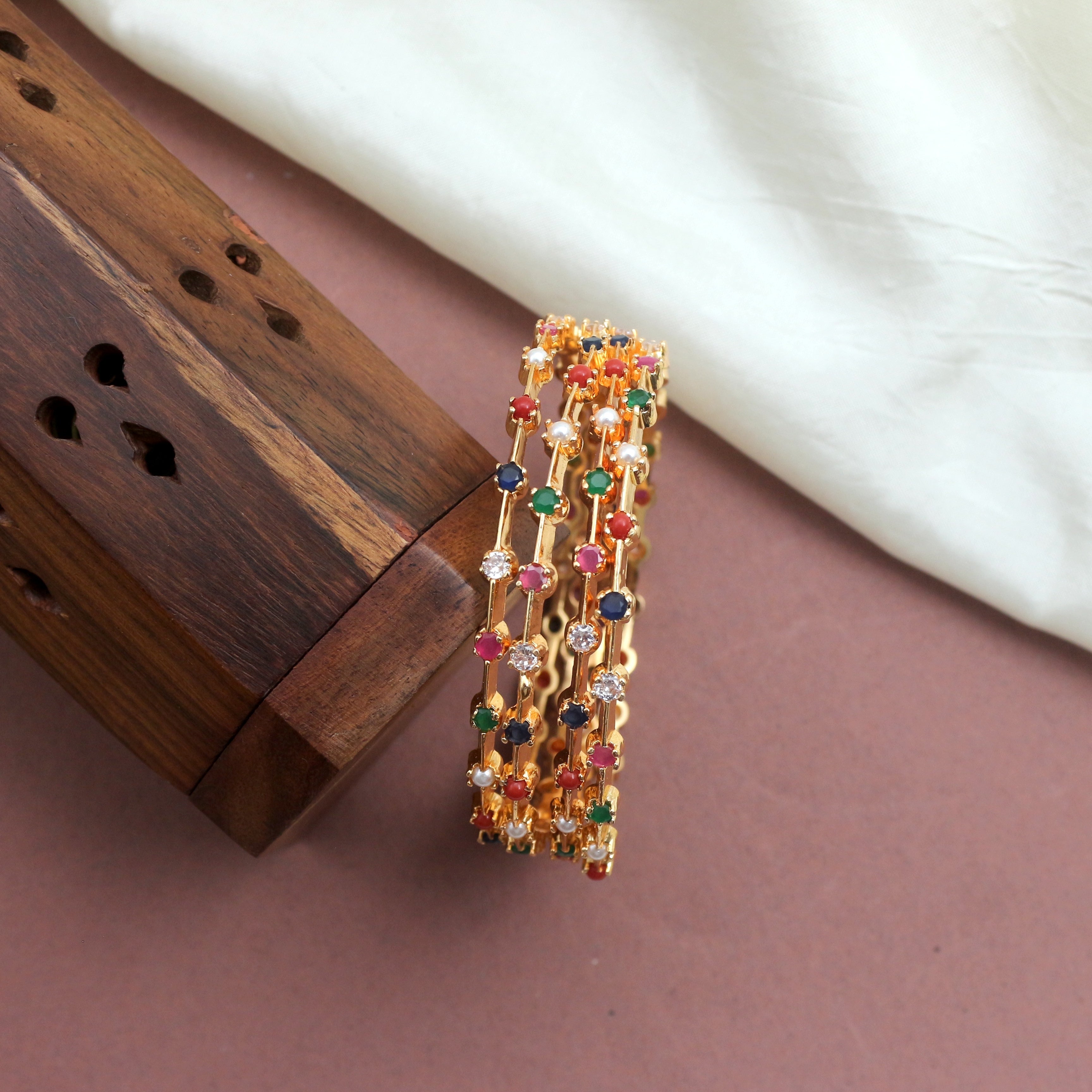 Lightweight Real Gold Tone Traditional Navarathna Set of 4Bangles