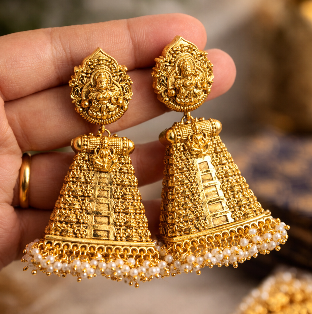 Premium Gold Look Nagas Lakshmi Temple Gopuram Big Bridal Jhumkas