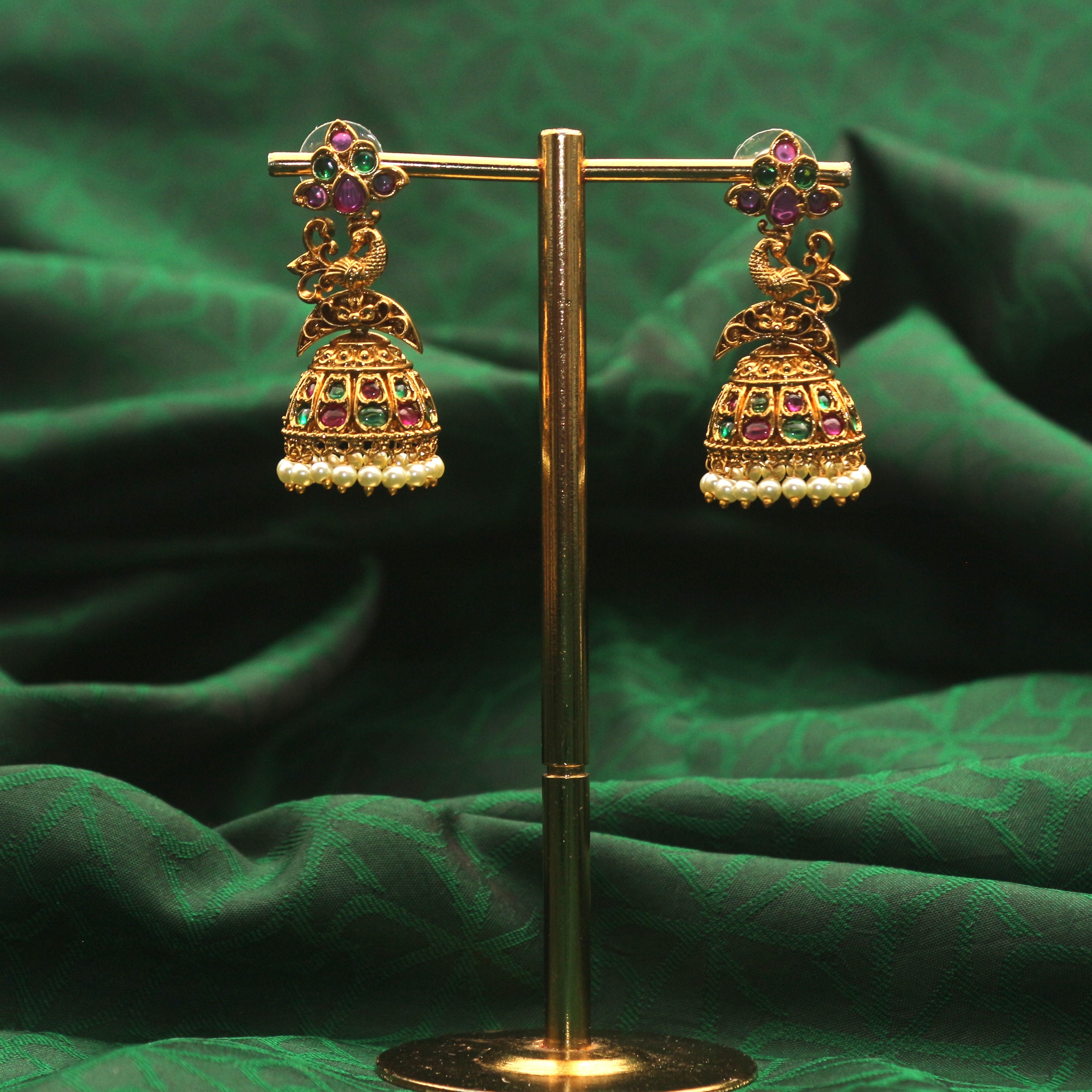 Antique Gold Kemp Peacock Flower Bridal Jhumkas