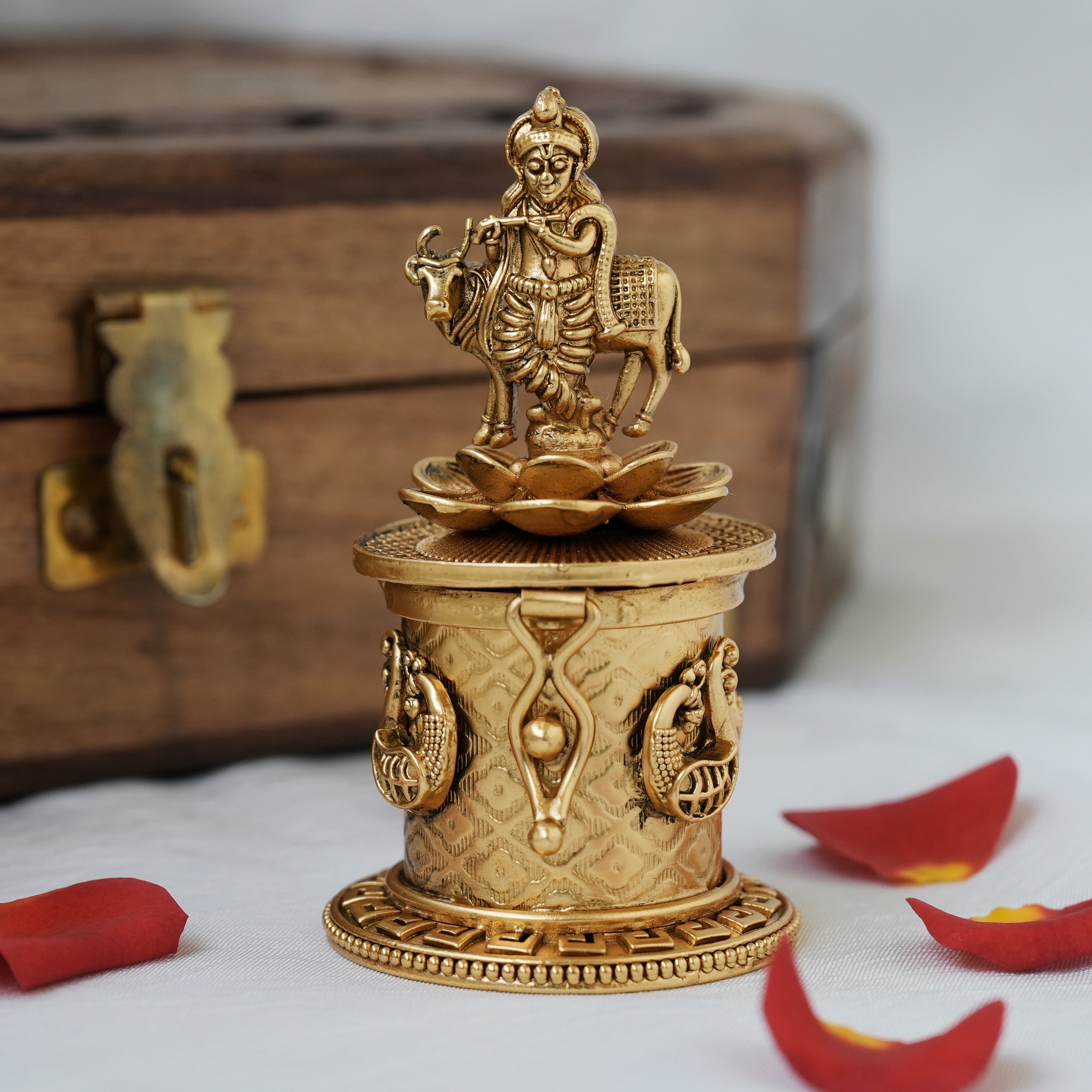 Antique Gold Nagasi Sri Krishna Kemp KumKum Box/Kumkum Karanda/Sindoor Dabbi