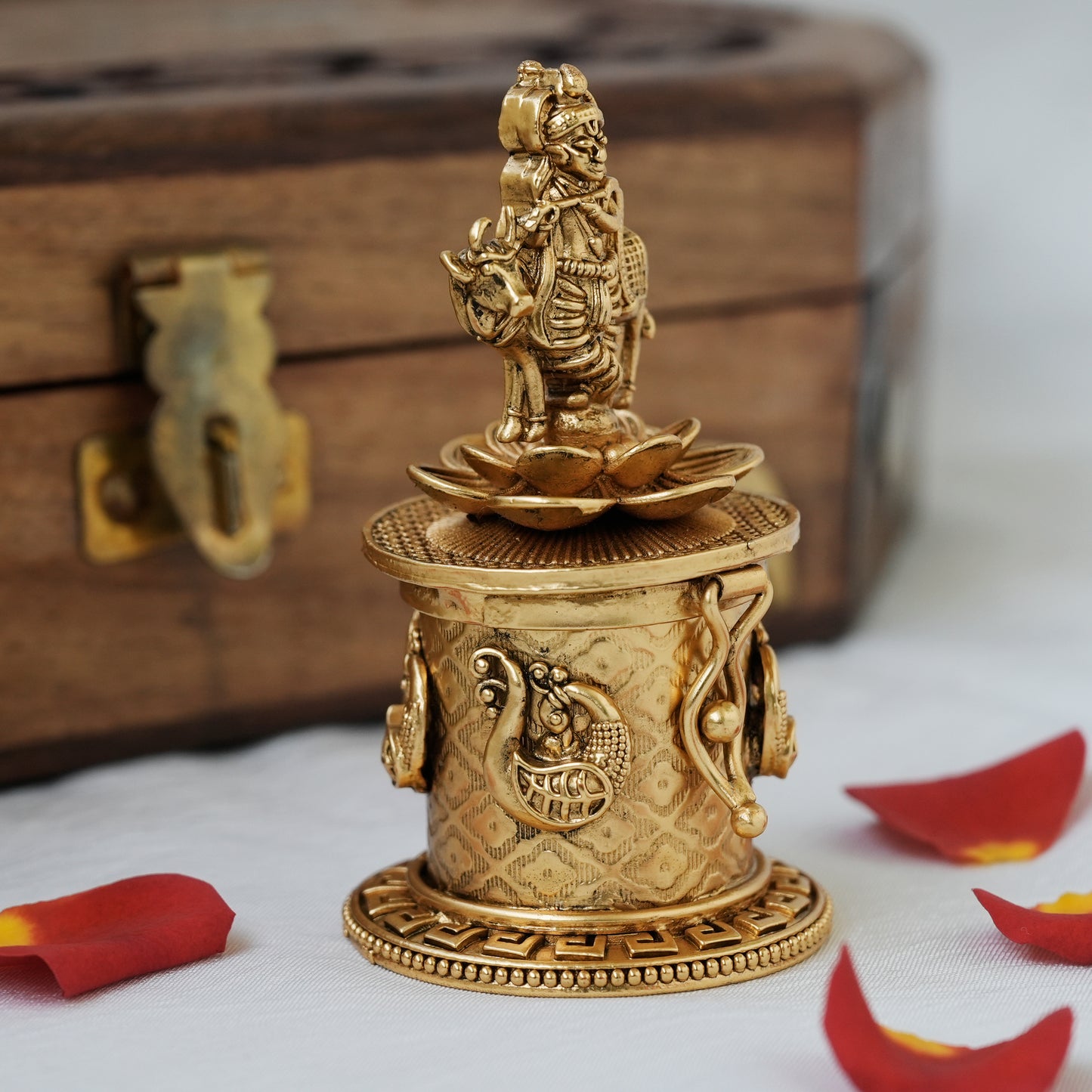 Antique Gold Nagasi Sri Krishna Kemp KumKum Box/Kumkum Karanda/Sindoor Dabbi