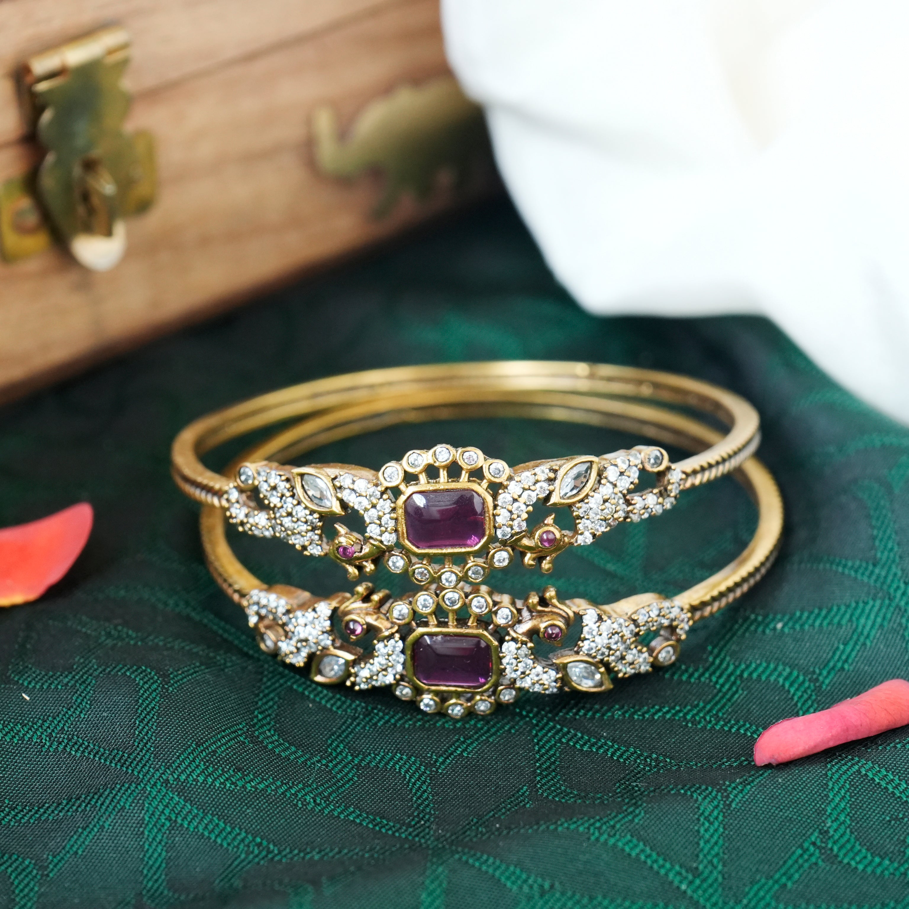 Antique Mehendi Victorian Polish AD Peacock Kada Bangles - Ruby