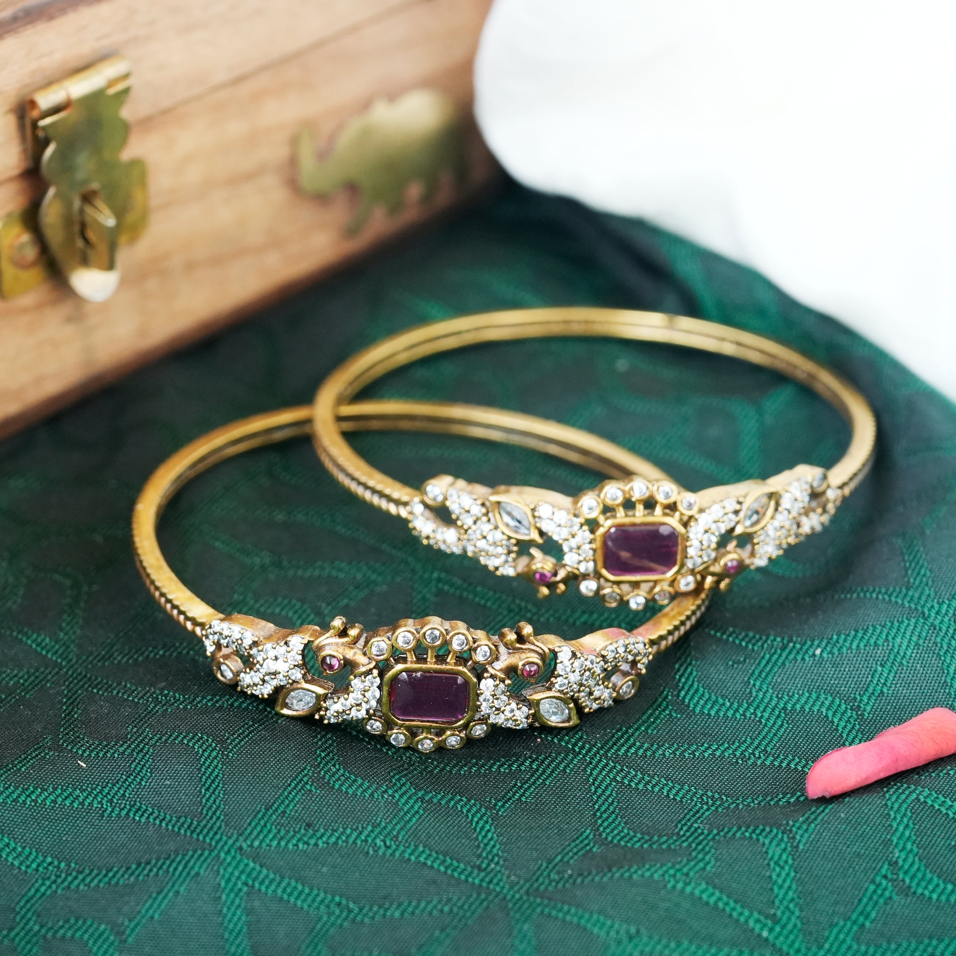 Antique Mehendi Victorian Polish AD Peacock Kada Bangles - Ruby