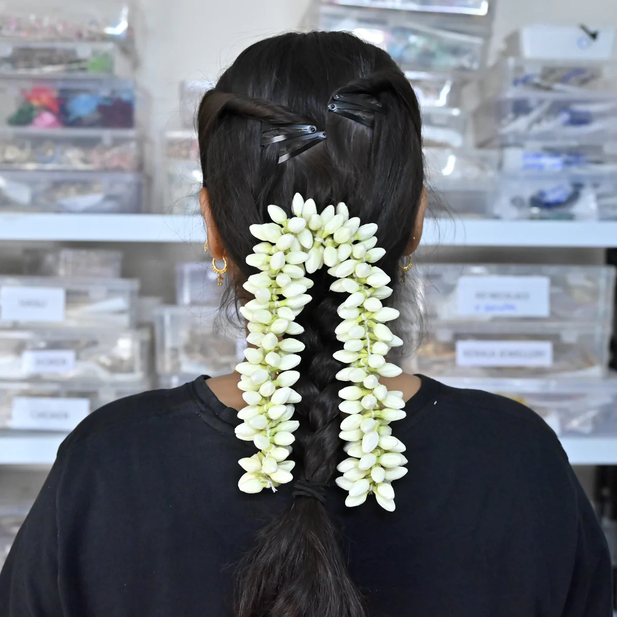 Handmade Thick Paper Based Reusable Realistic Jasmine String Flowers For Hair, Decoration & God Idols - 16 Inches