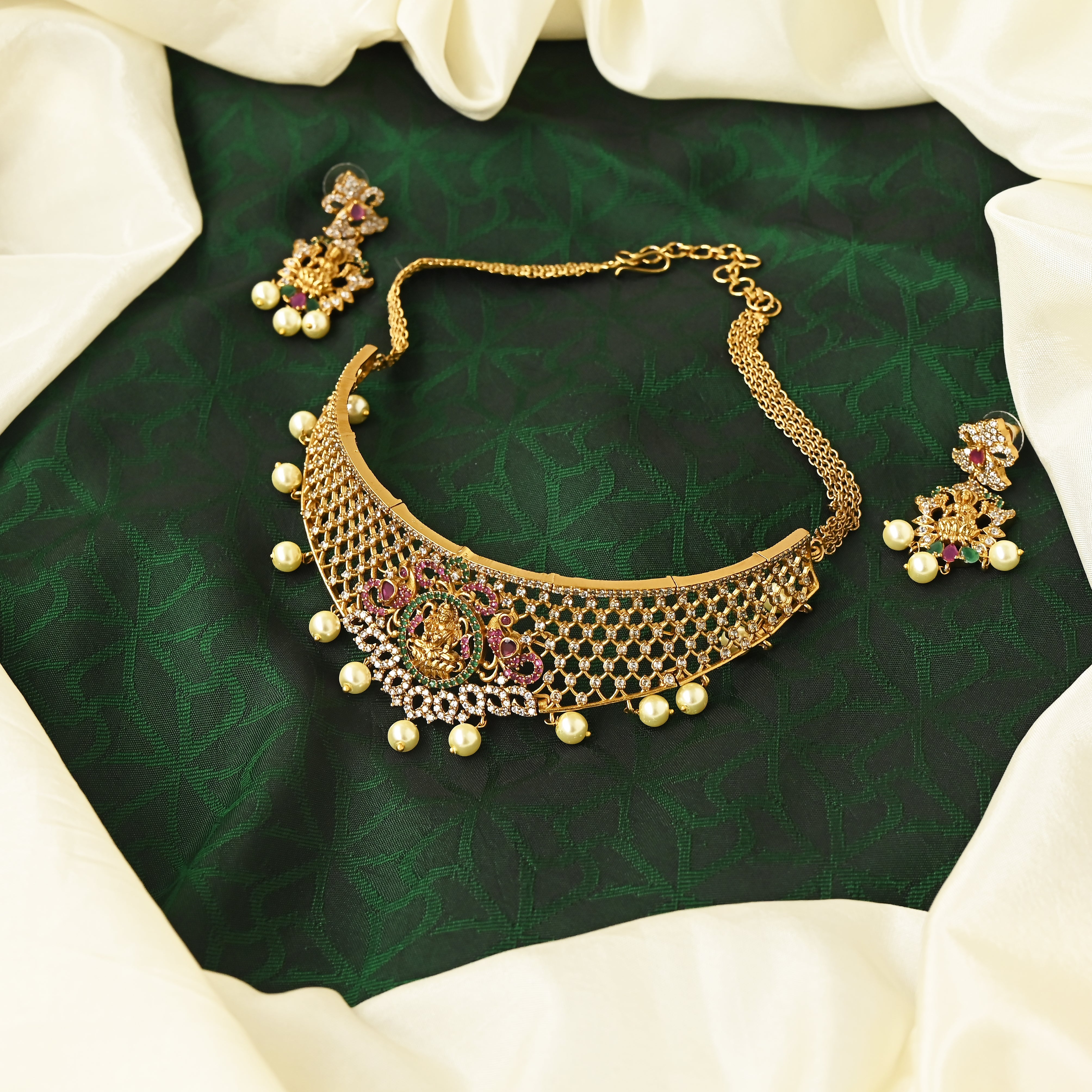 Kids Friendly Antique Gold AD Mahalakshmi High Neck Choker Necklace Set