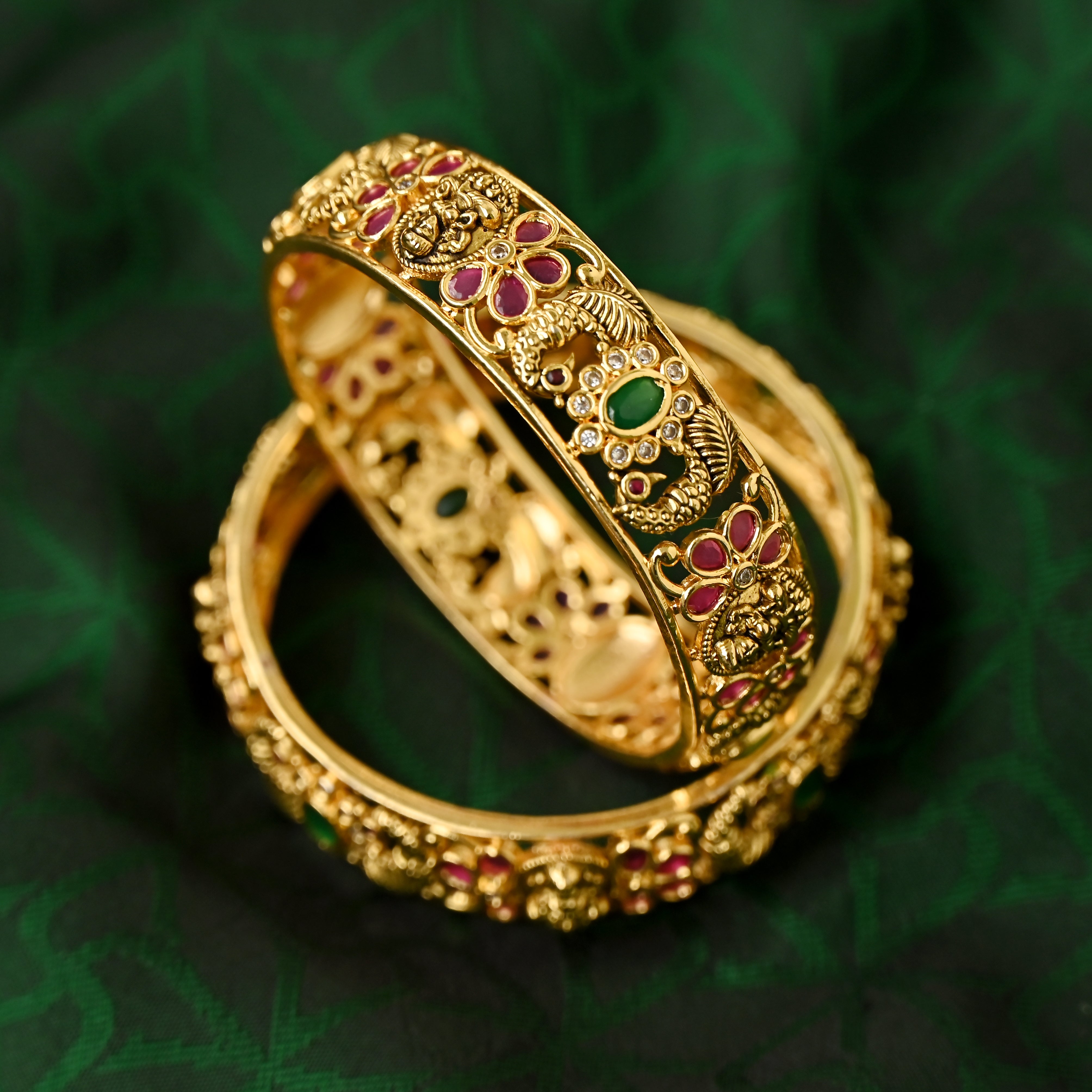 Antique Gold Mayuri Lakshmi AD Thick Bridal Bangles - Traditional and Elegant - Size: 2.4