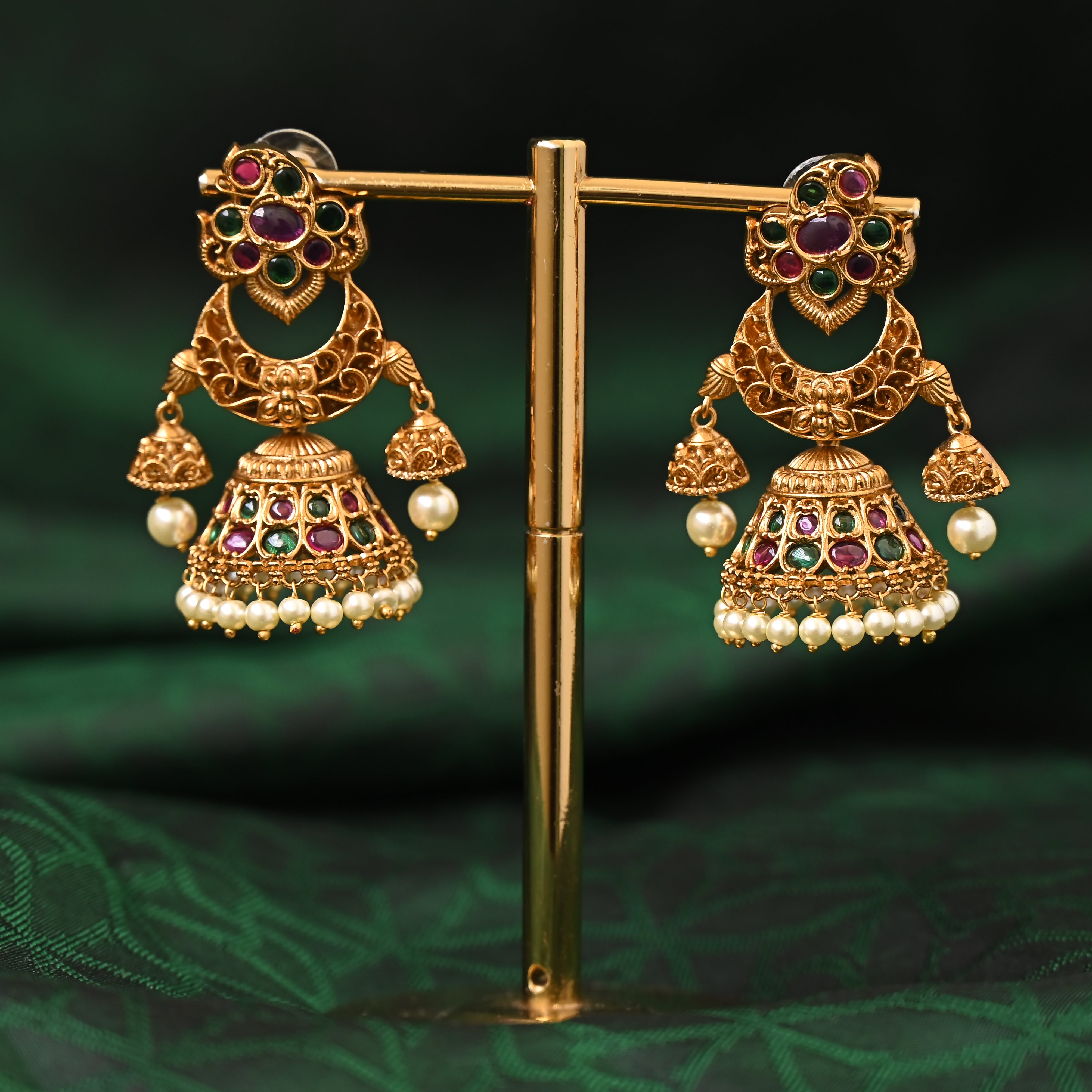 Premium Kemp Traditional Bridal Festive Jhumkas in Antique Gold - No Figure, No Idol