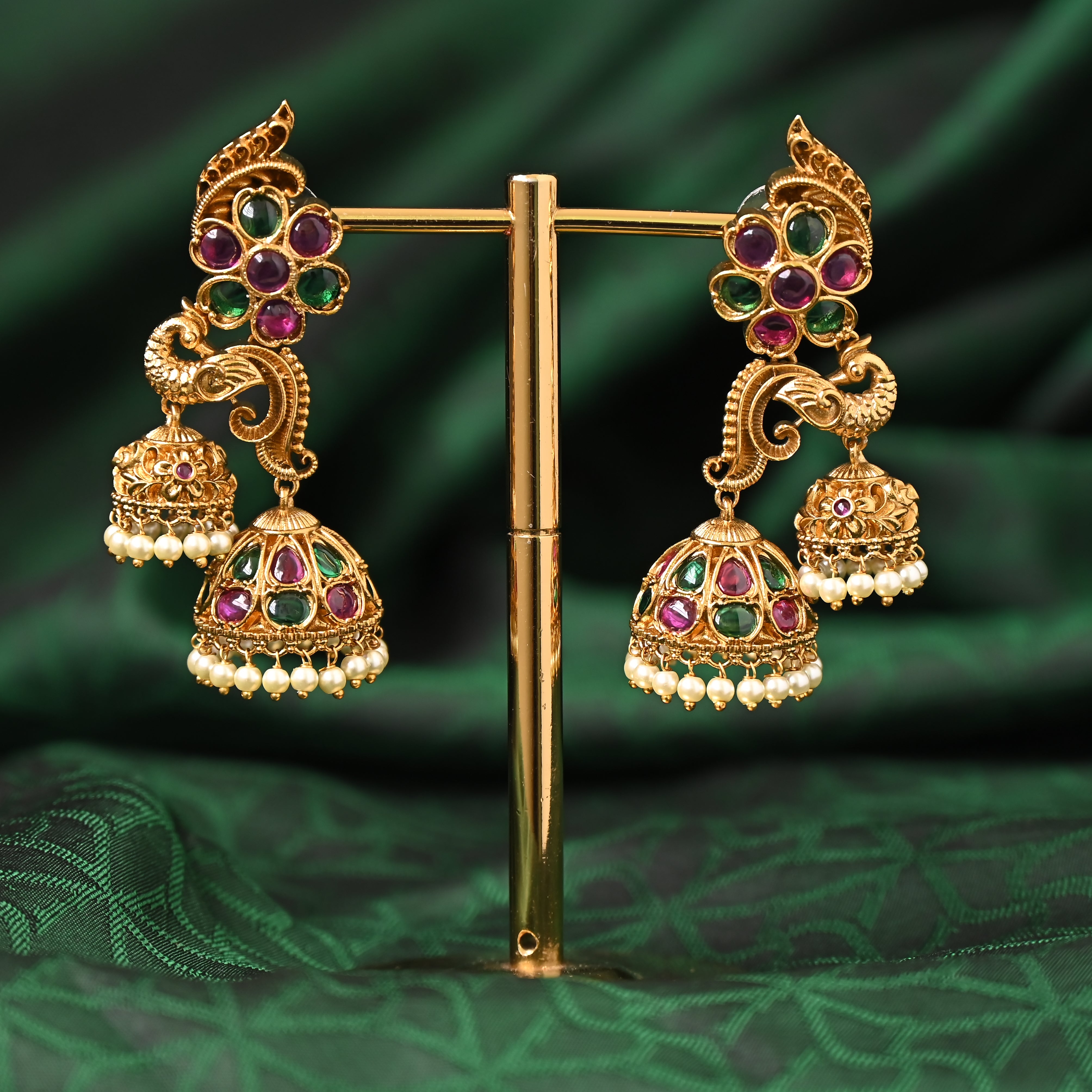 Antique Gold Designer Peacock Premium Kemp Two Hanging Jhumkas Festive Earrings