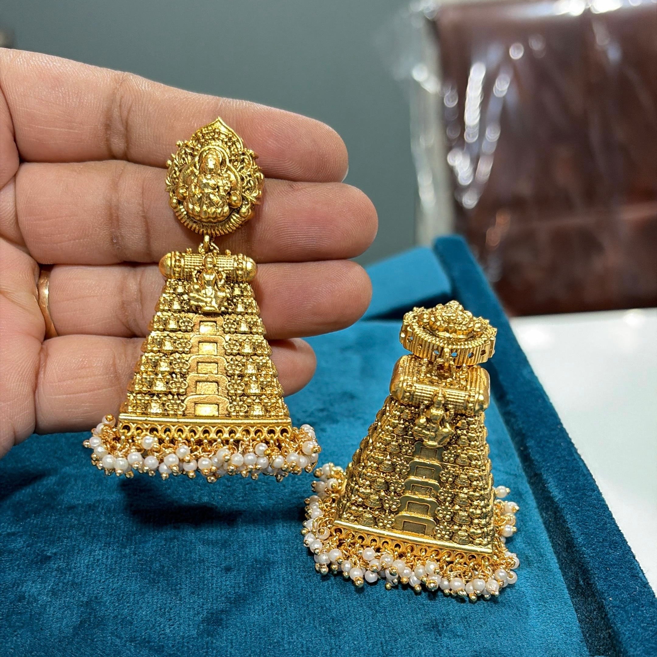 Premium Gold Look Nagas Lakshmi Temple Gopuram Big Bridal Jhumkas