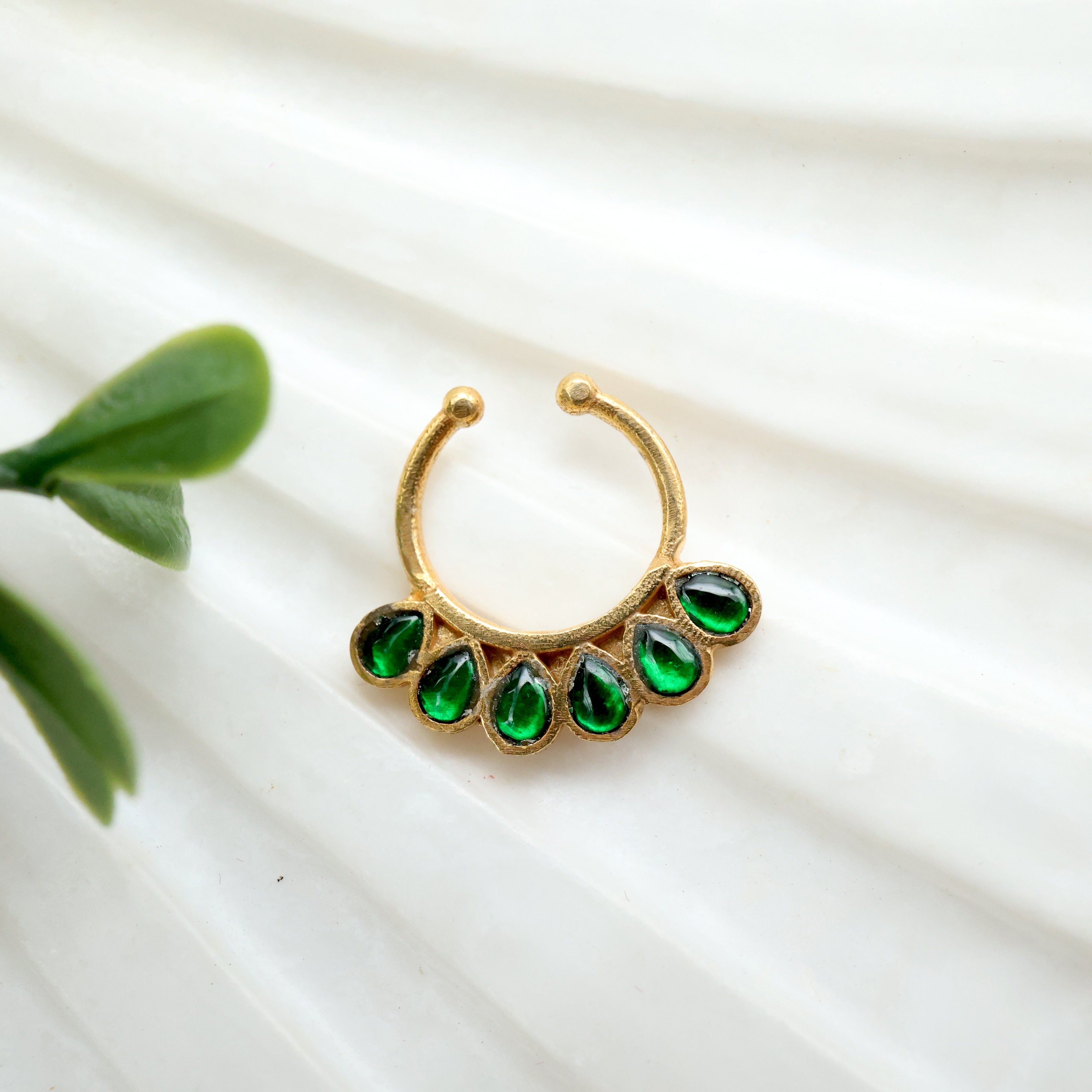 Antique Gold Thilak Drops Septum Ring - Green