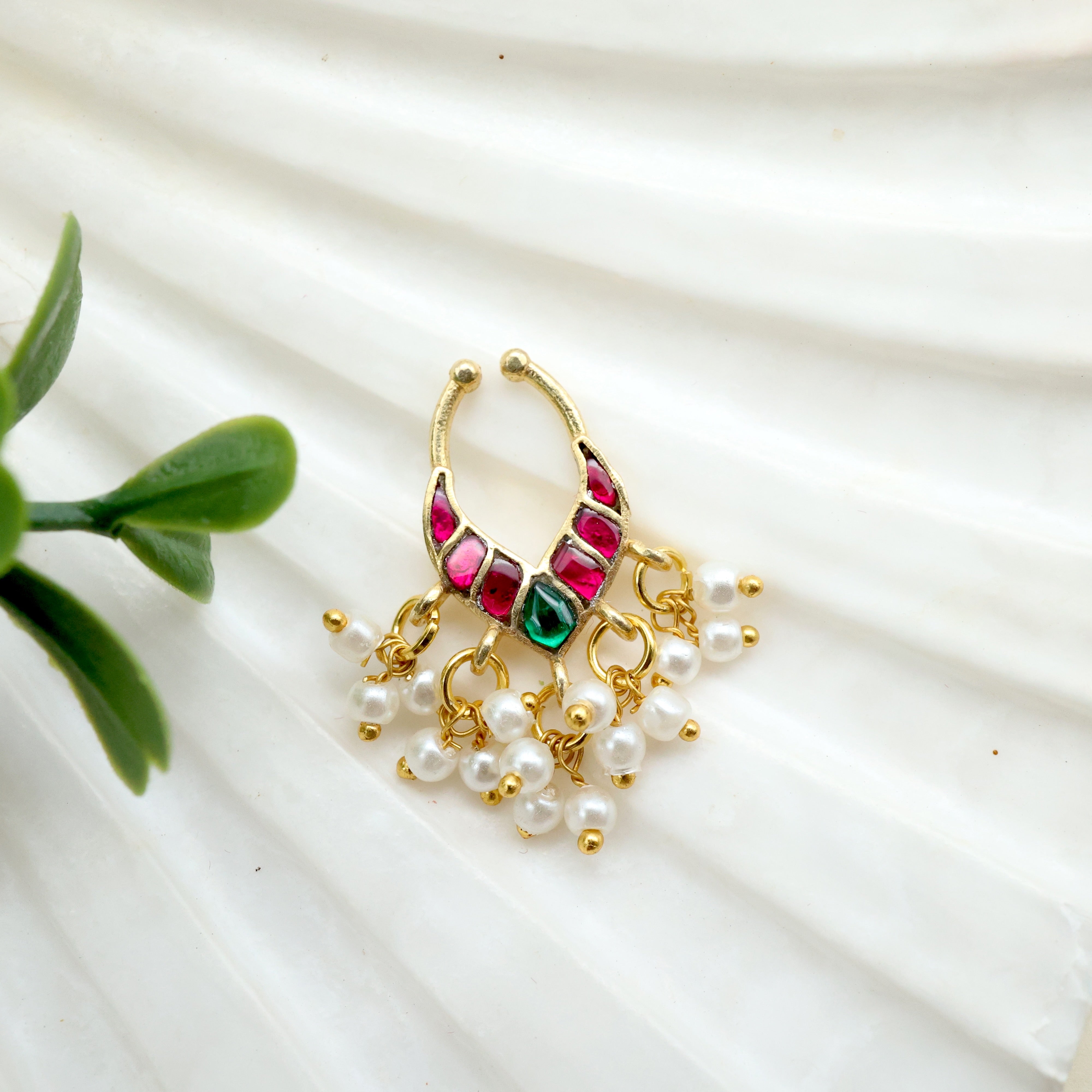 Jadau Kundan Arch Drop Bridal Spetum Nose Ring - Piercing Not Needed