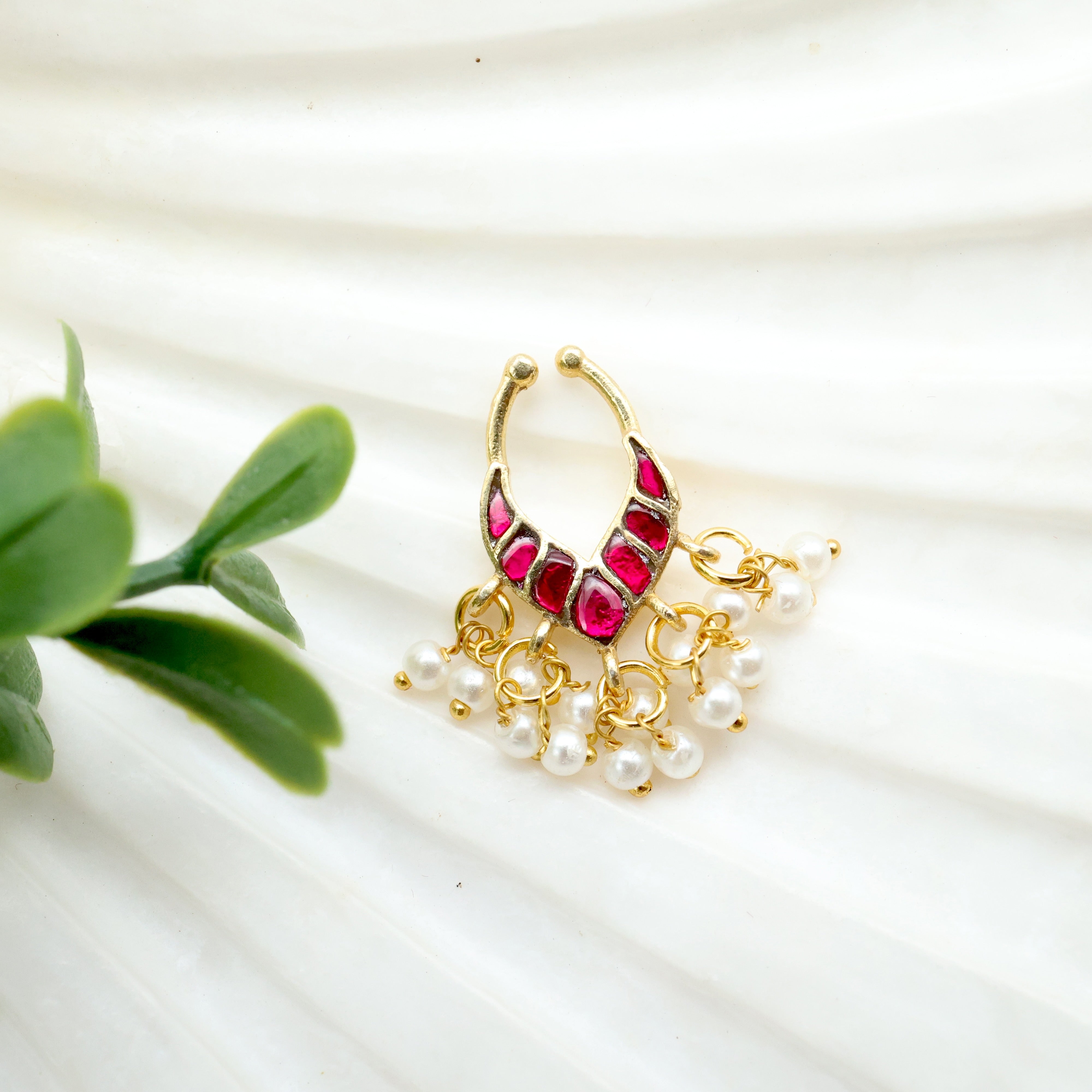 Jadau Kundan Arch (Ruby) Bridal Press On Septum Ring - No Piercing Needed
