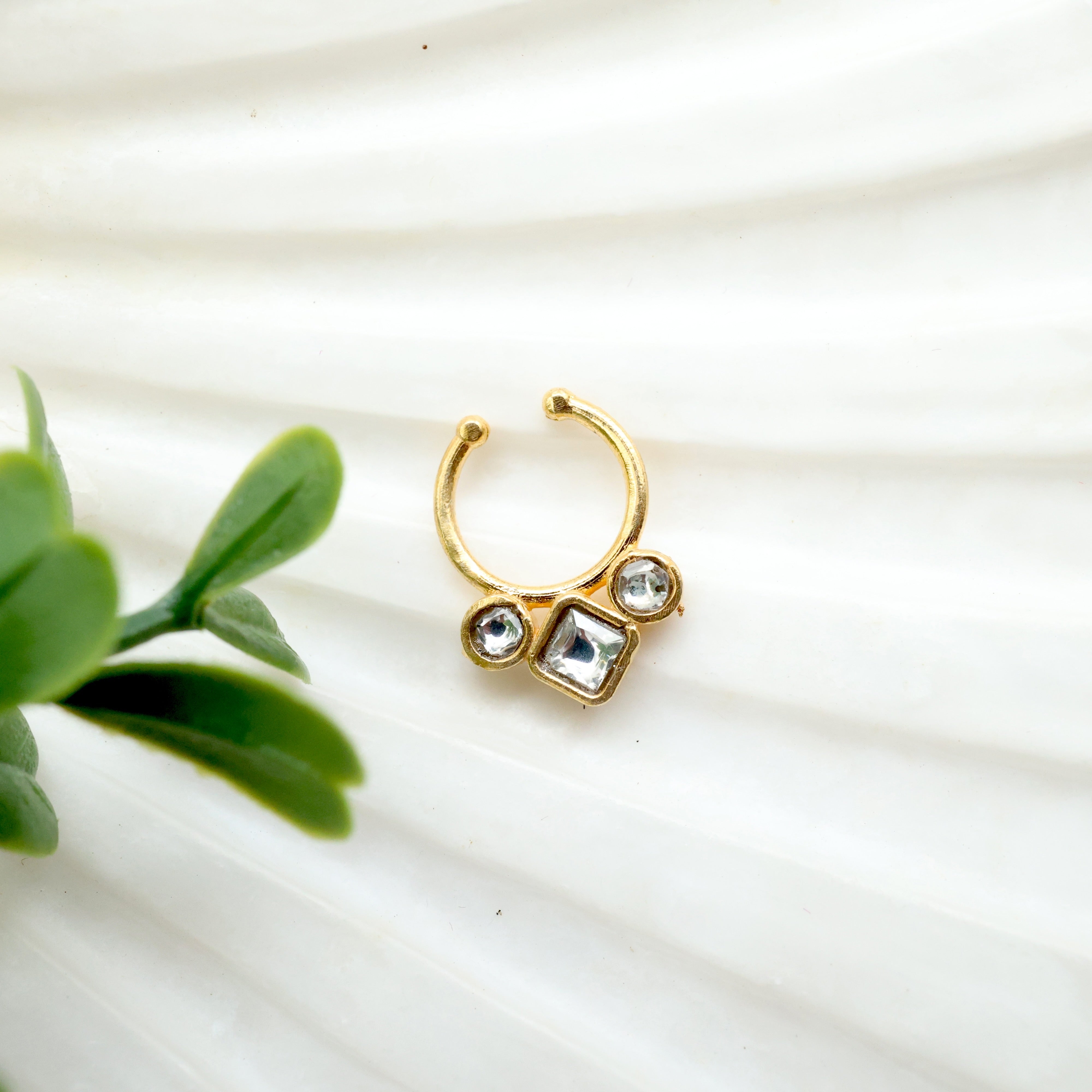 Jadau Kundan Diamond Drops (White) Bridal Press On Septum Ring - No Piercing Needed