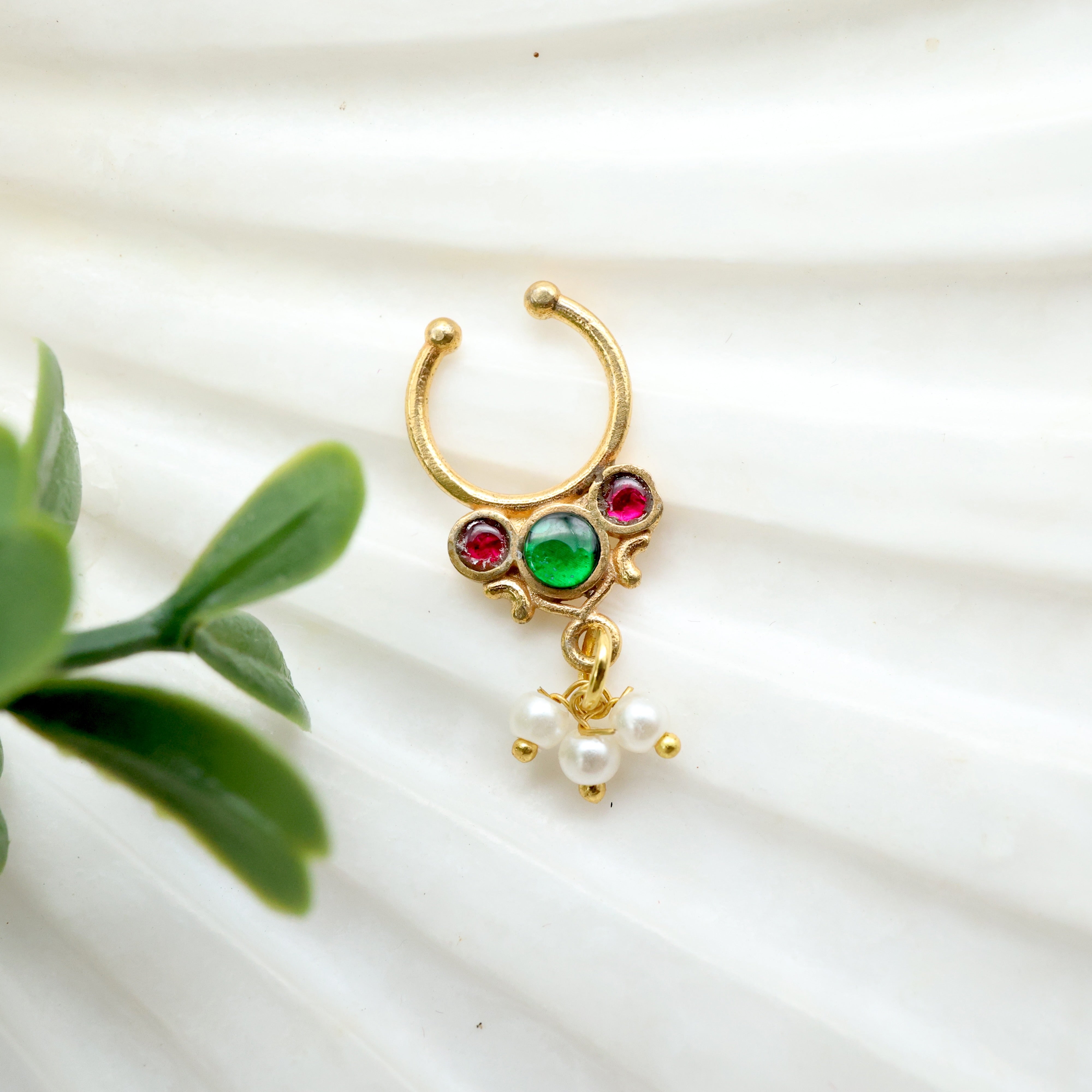 Jadau Kundan 3 Drops (Multi) Bridal Press On Septum Ring - No Piercing Needed