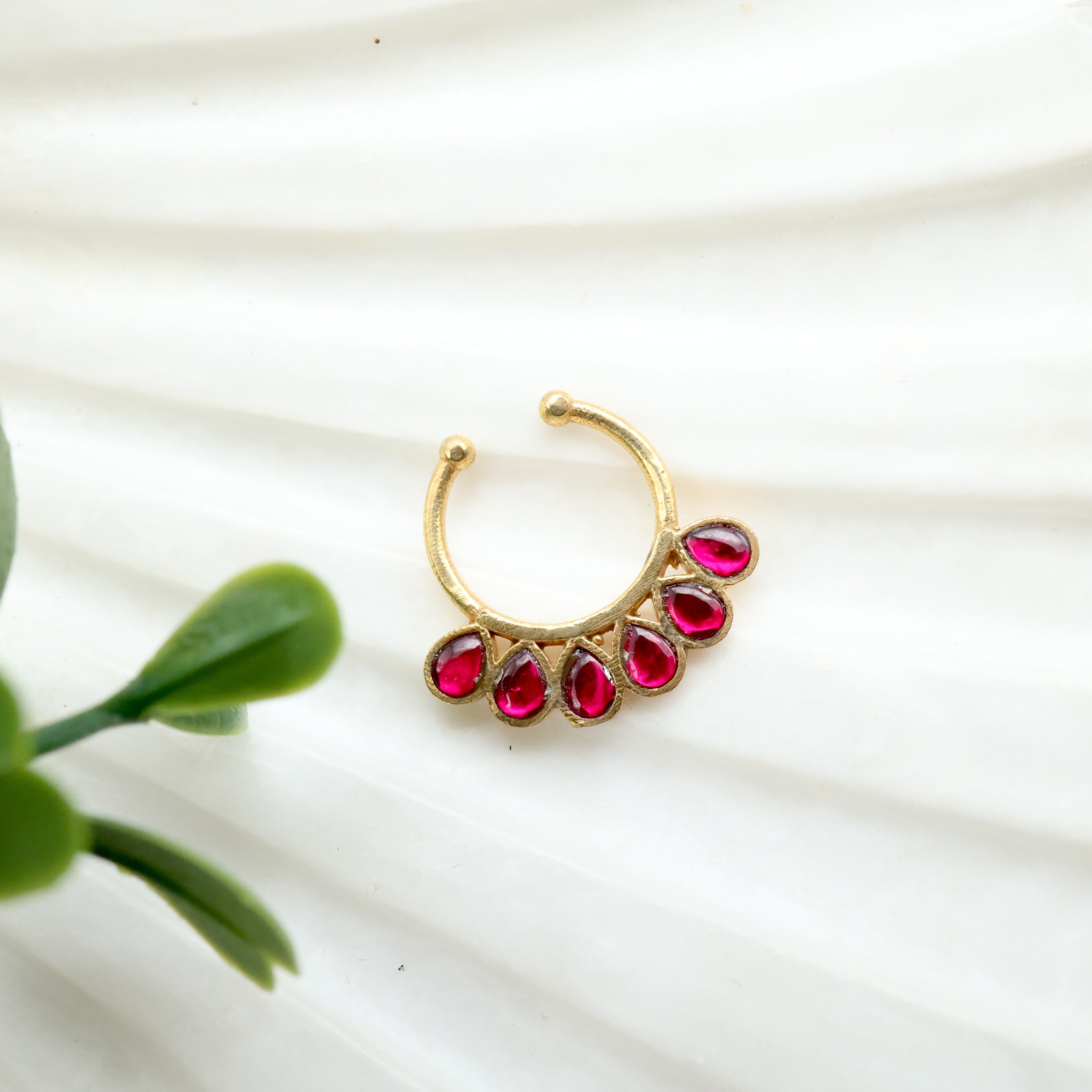 Jadau Kundan Tilak Drops (Ruby) Bridal Press On Septum Ring - No Piercing Needed