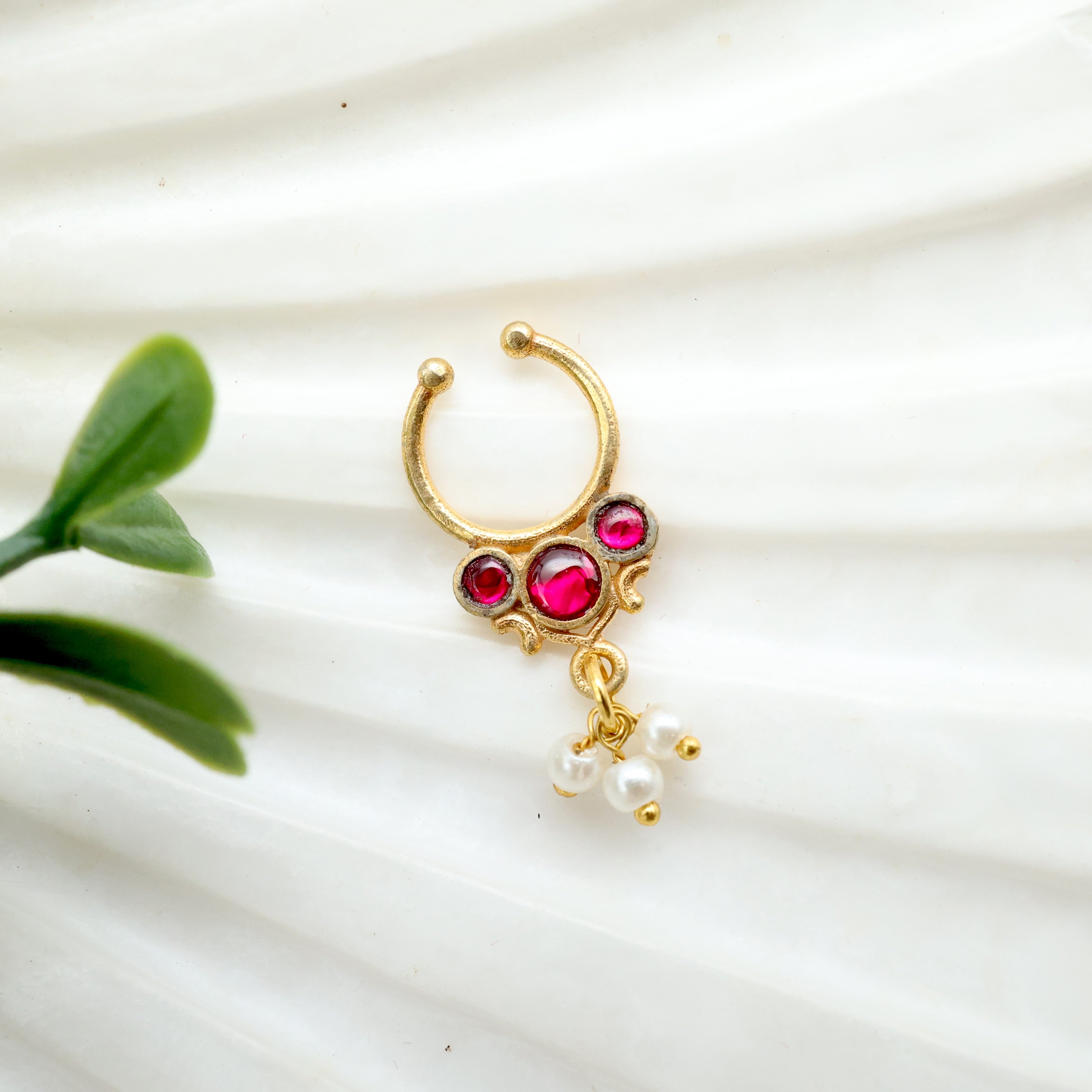 Jadau Kundan Premium 3 Dots (Ruby) Septum Clip On Nose Ring - No Piercing Needed