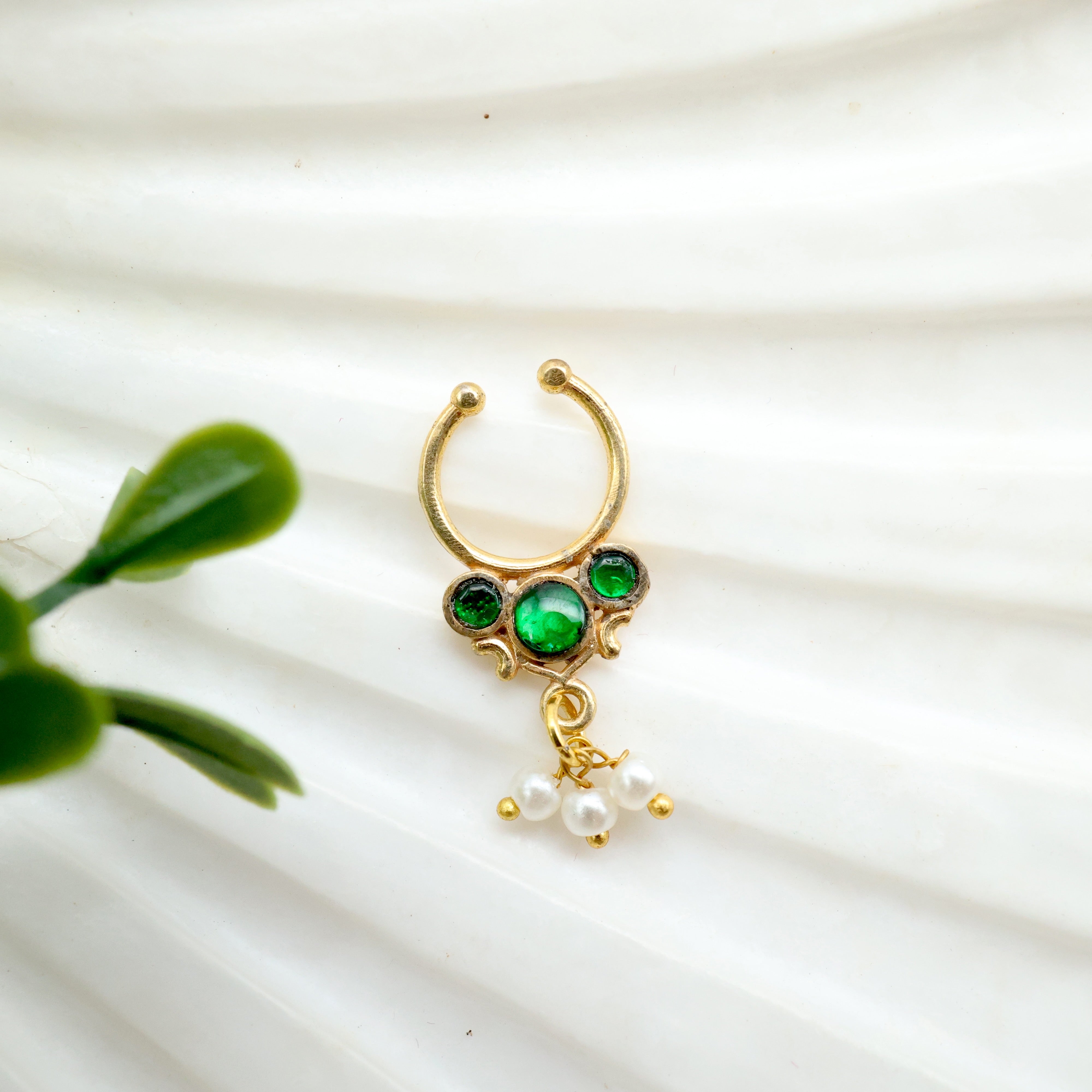 Antique Gold 3 Dots Septum Nose Ring (Green) - No Piercing Needed