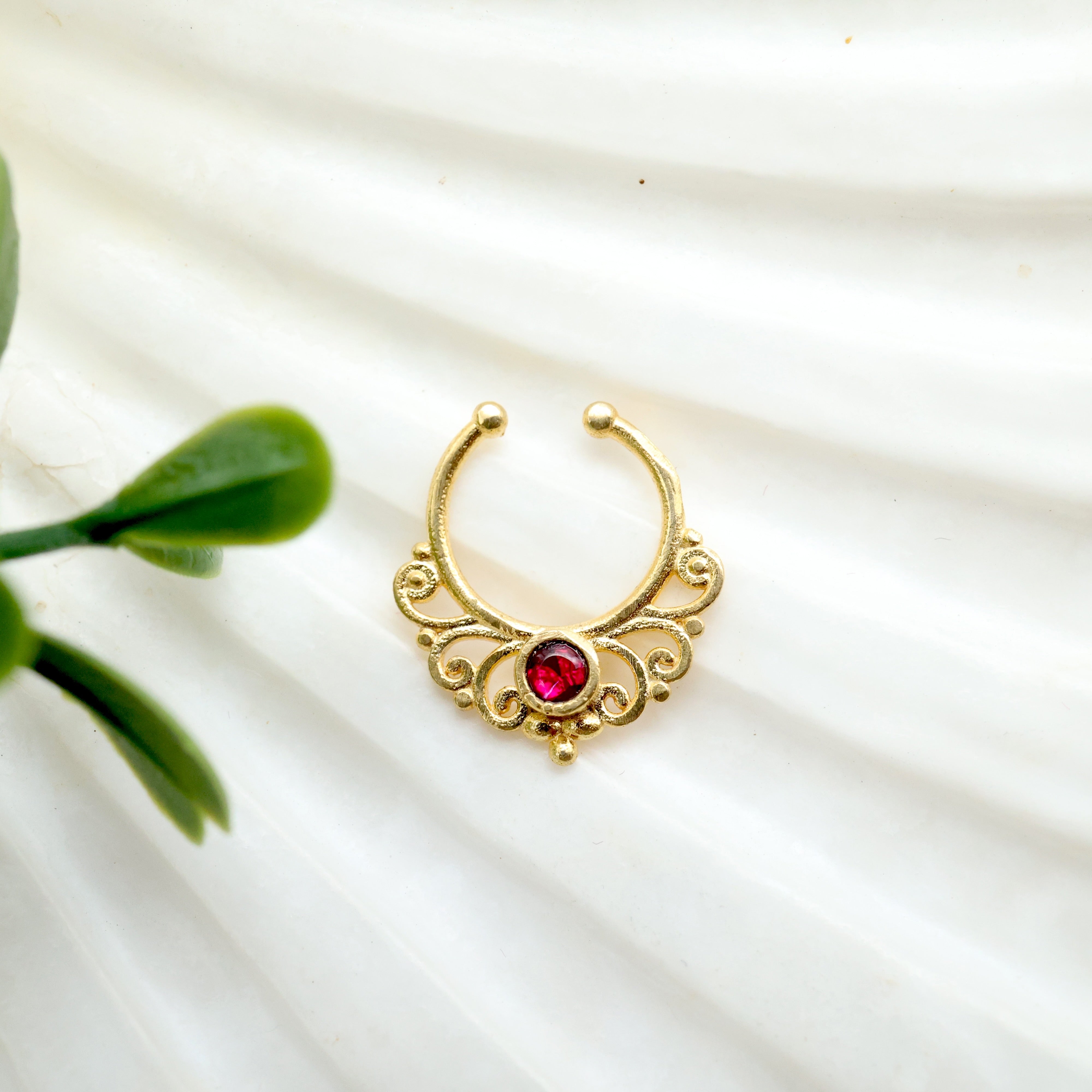JADAU KUNDAN FLORAL DOT SEPTUM NOSE RING (RUBY) - NO PIERCING NEEDED