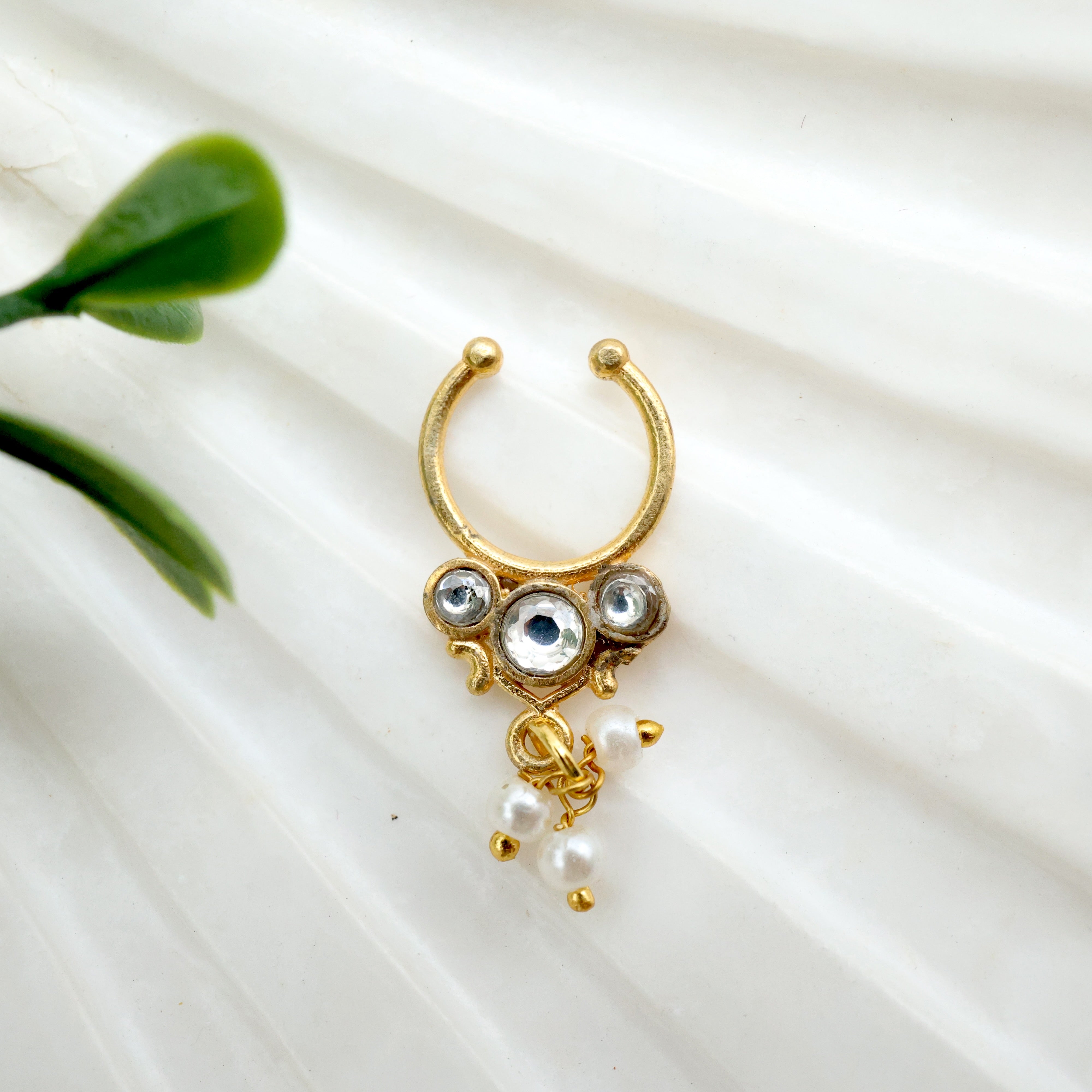 JADAU KUNDAN 3 DOTS SEPTUM NOSE RING - NO PIERCING NEEDED