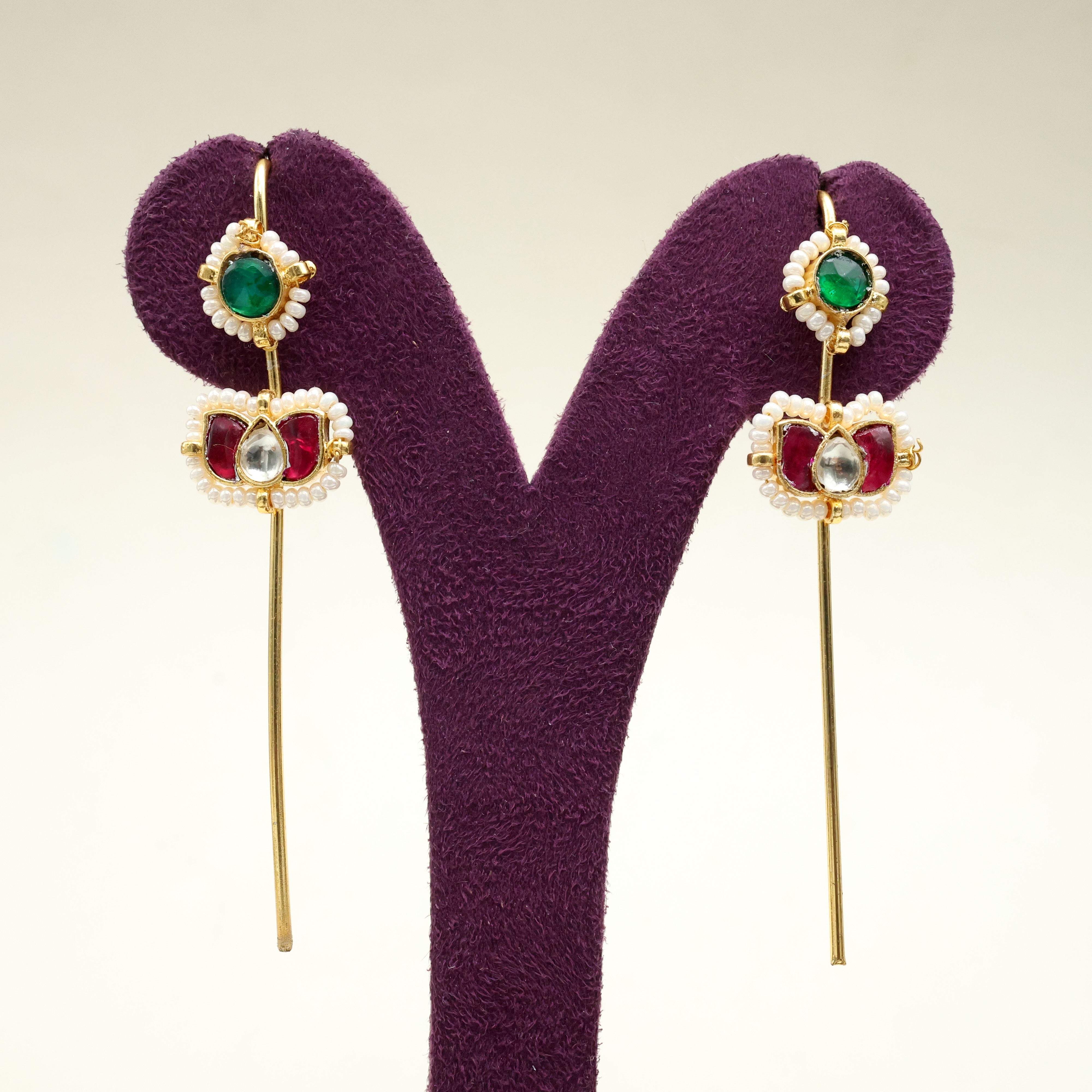 Premium Pachi Kundan Lotus Bud Needle Earcuff Earrings - Ruby, White & Green