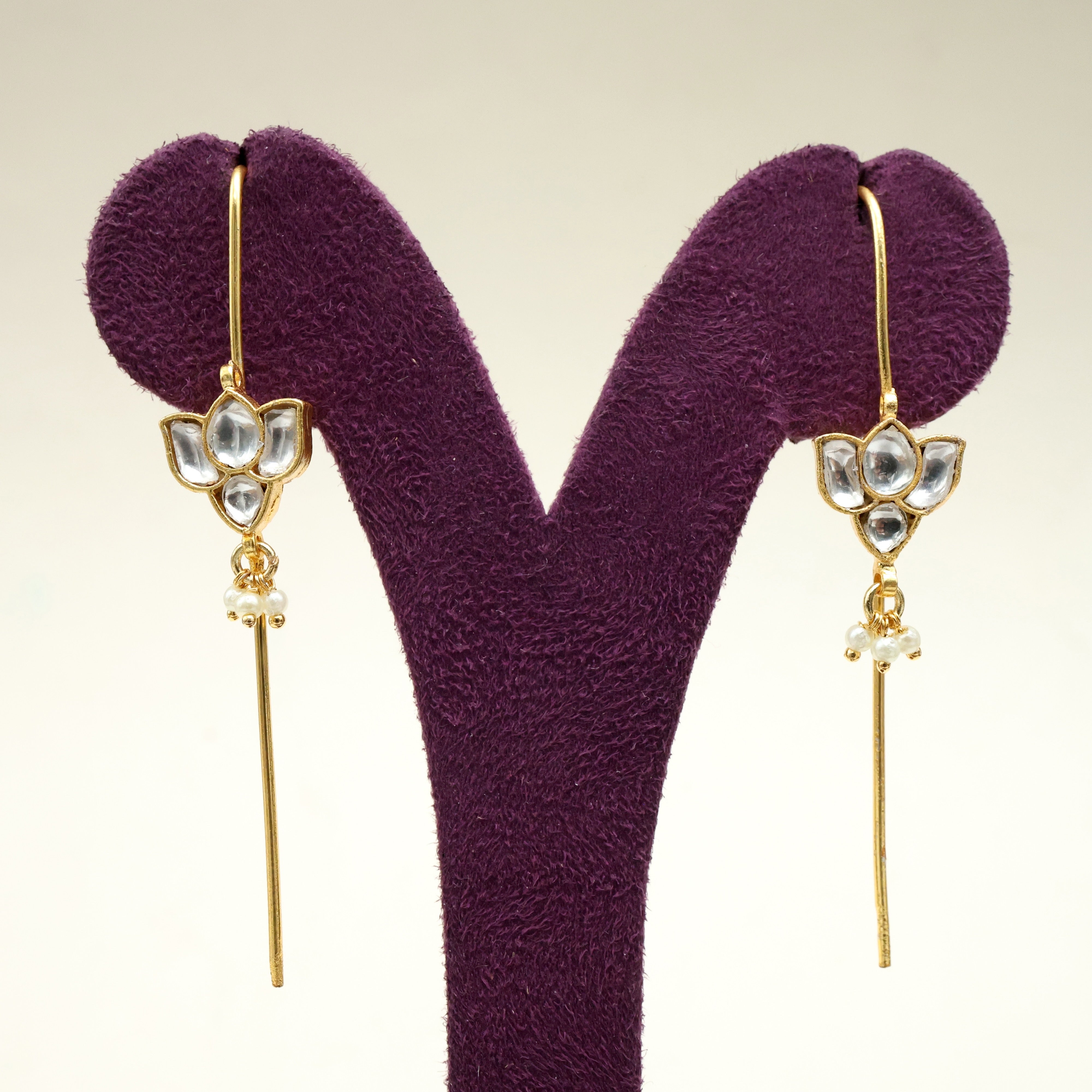 Premium Pachi Kundan Lotus Needle Earcuff Earrings - White