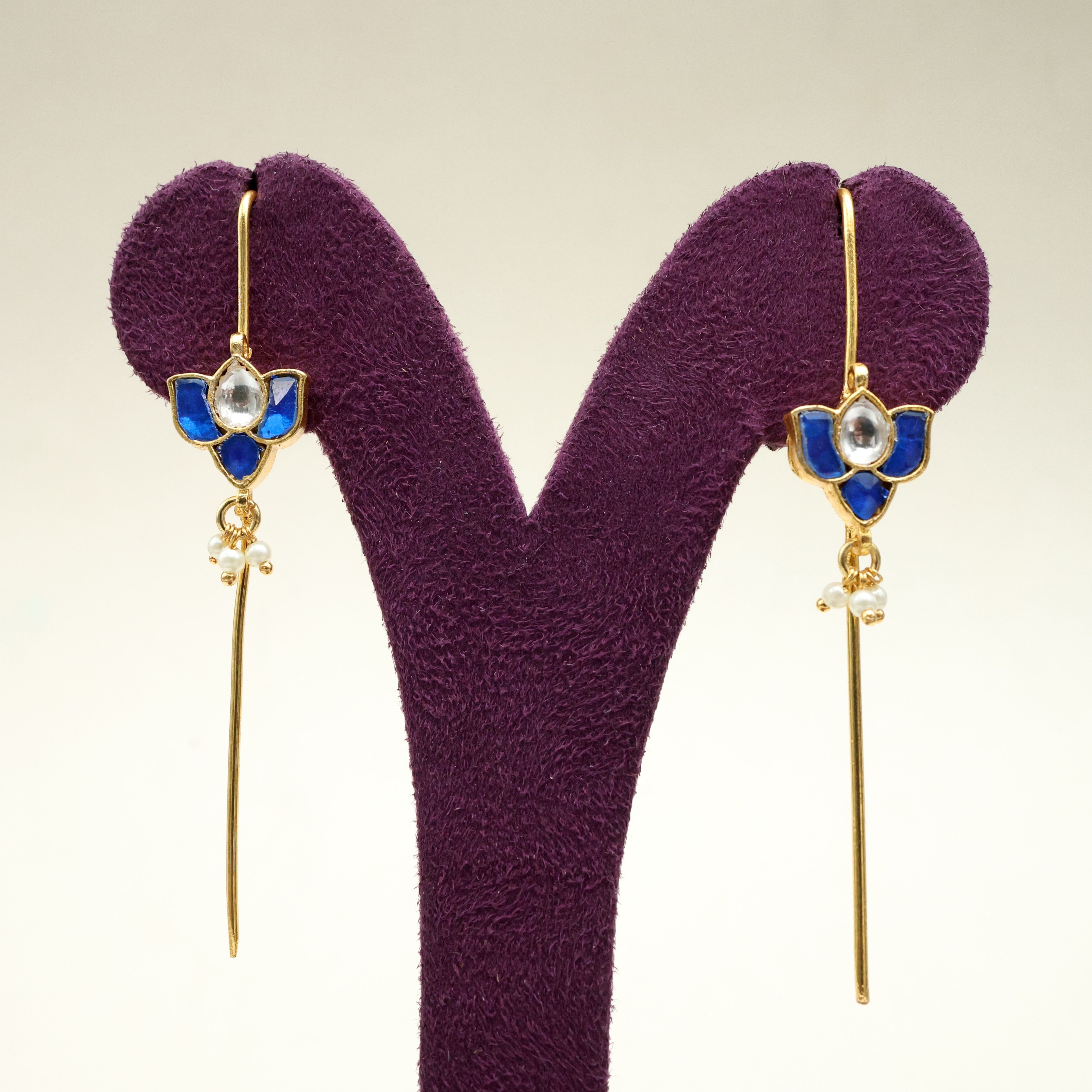 Premium Pachi Kundan Lotus Needle Earcuff Earrings - Blue & White