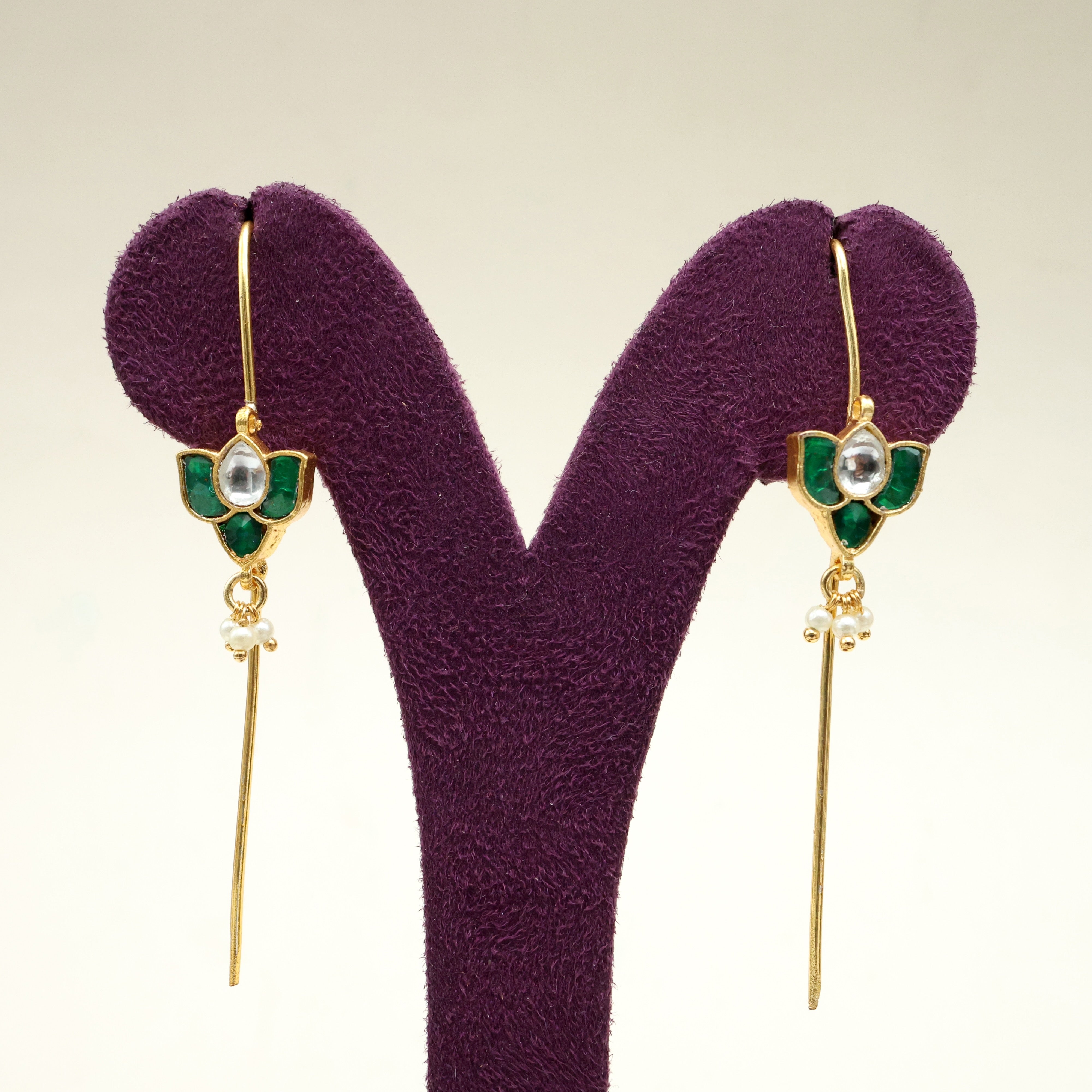 Premium Pachi Kundan Lotus Needle Earcuff Earrings - Green & White