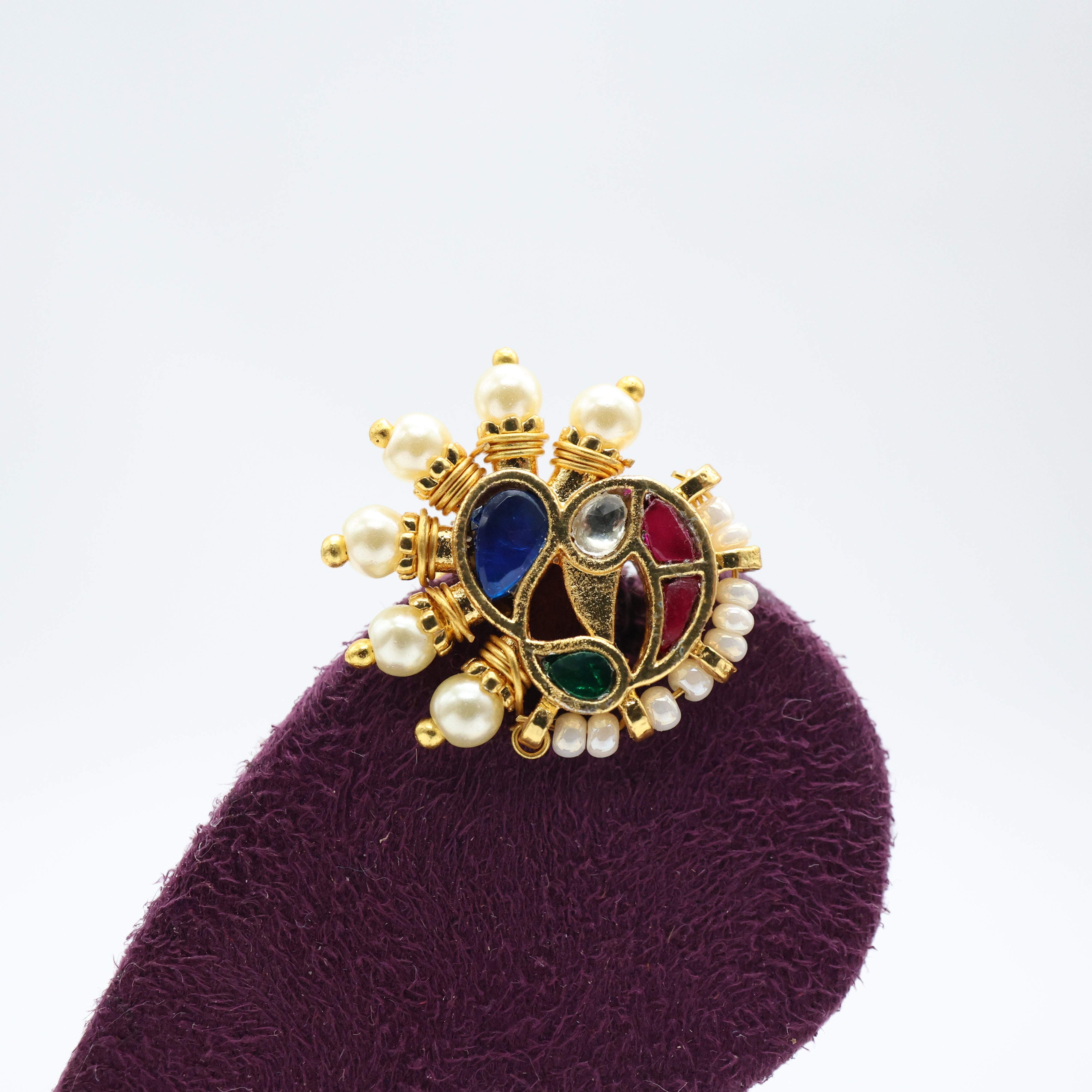 PREMIUM PACHI KUNDAN MOR WIRED NOSEPIN/NATH - MULTICOLOUR