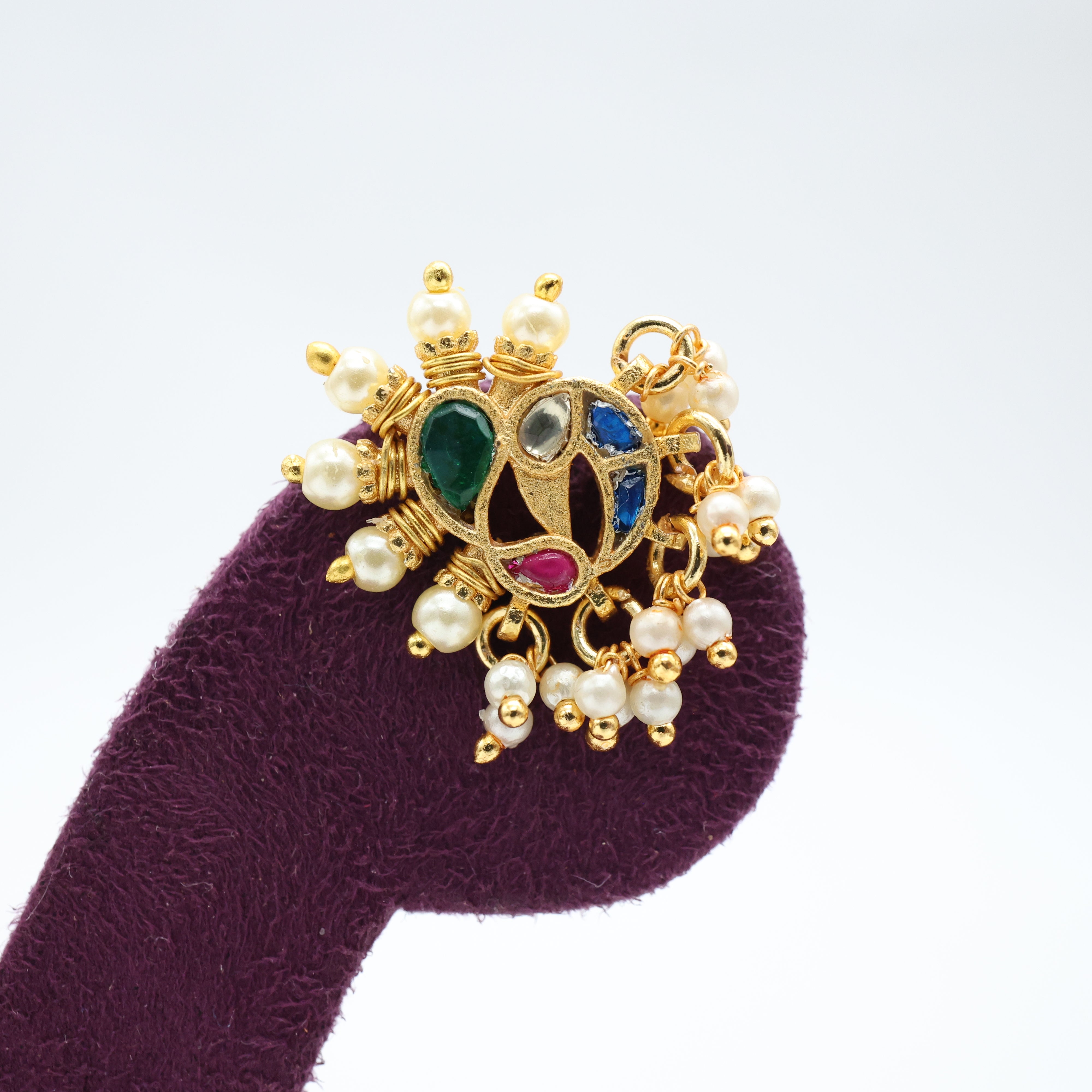 PREMIUM PACHI KUNDAN PEACOCK WIRED NOSEPIN/NATH - MULTICOLOUR