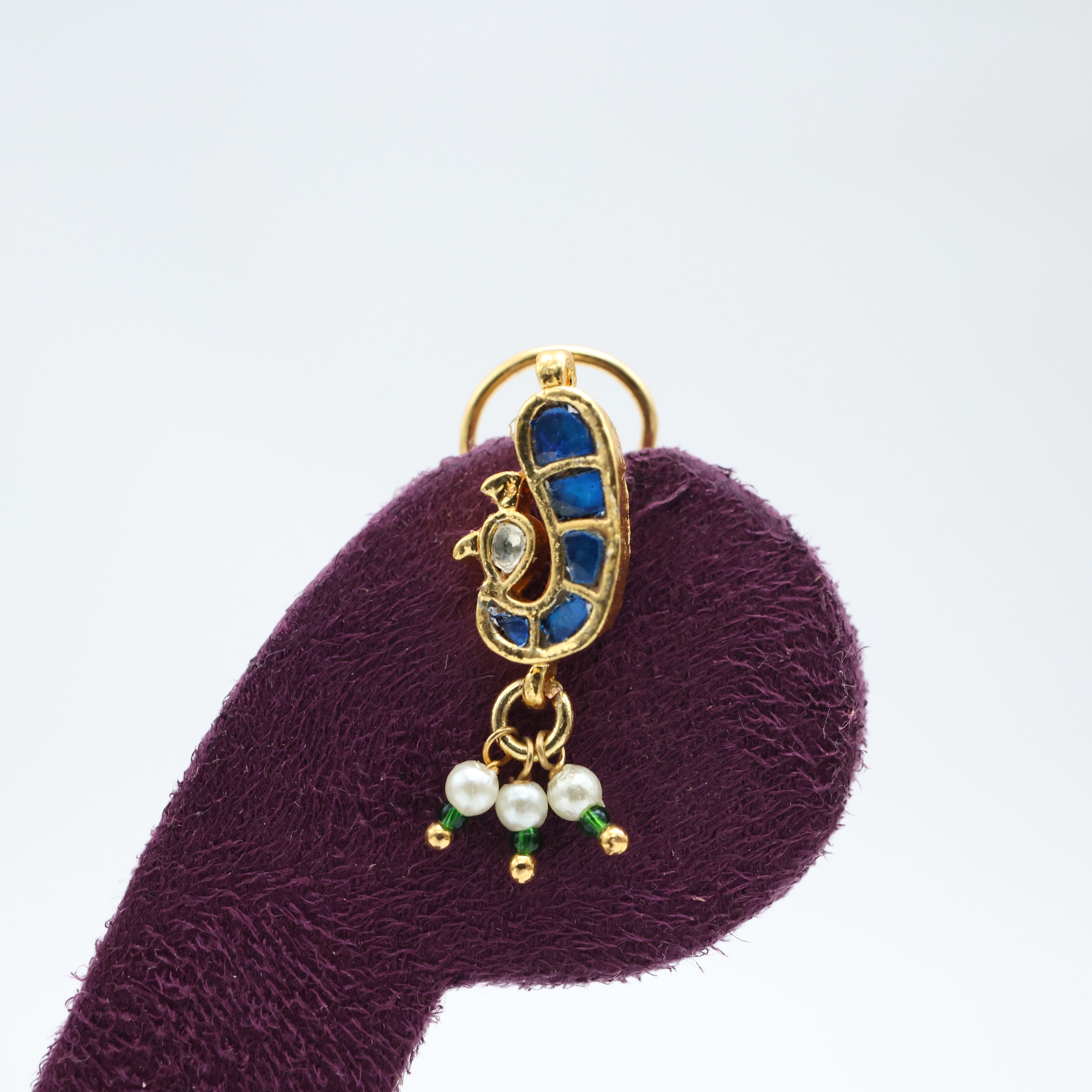 PREMIUM PACHI KUNDAN PEACOCK WIRED NOSEPIN/NATH - BLUE