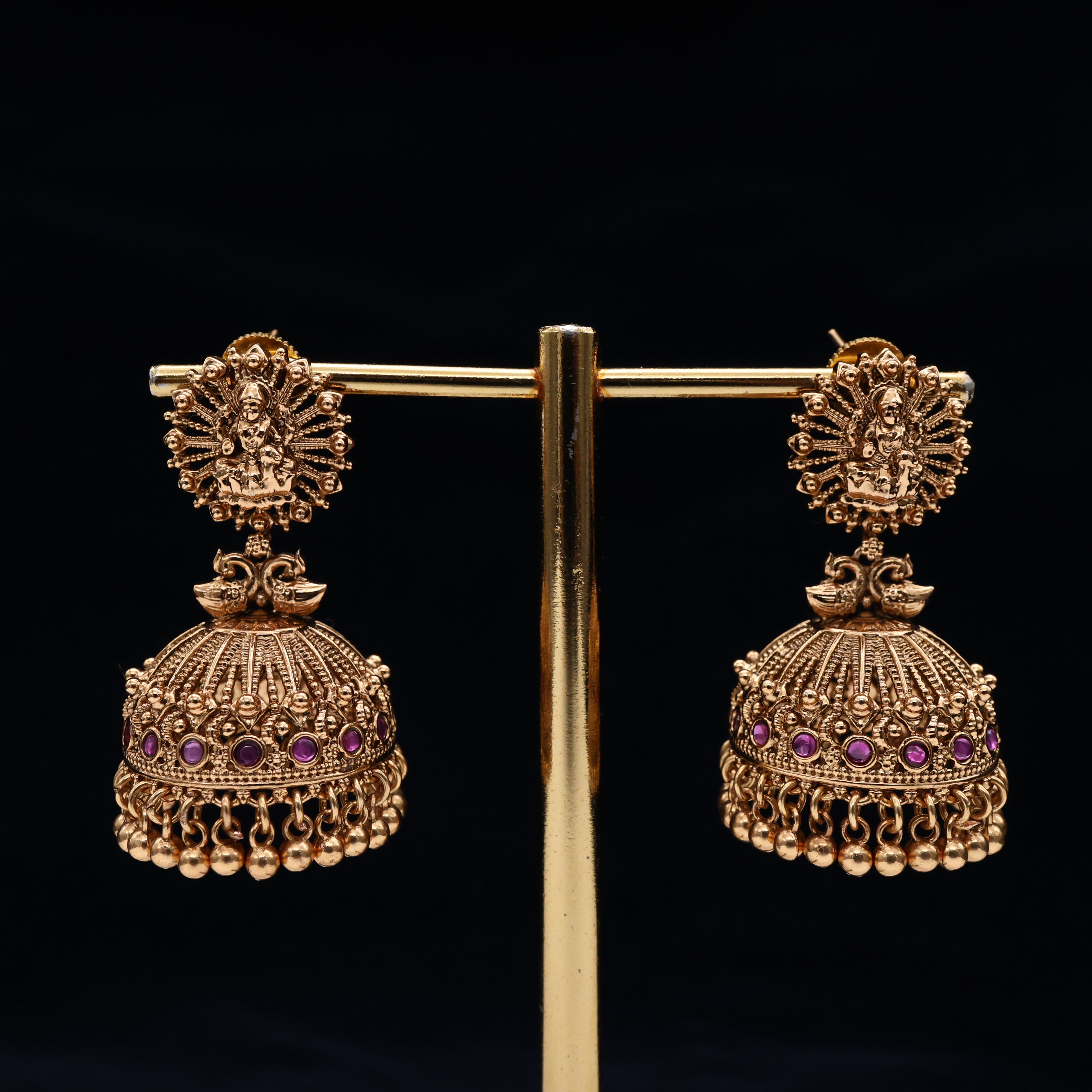 Premium Antique Nagas Rettapakshi Lakshmi Bridal Jhumkas - Ruby