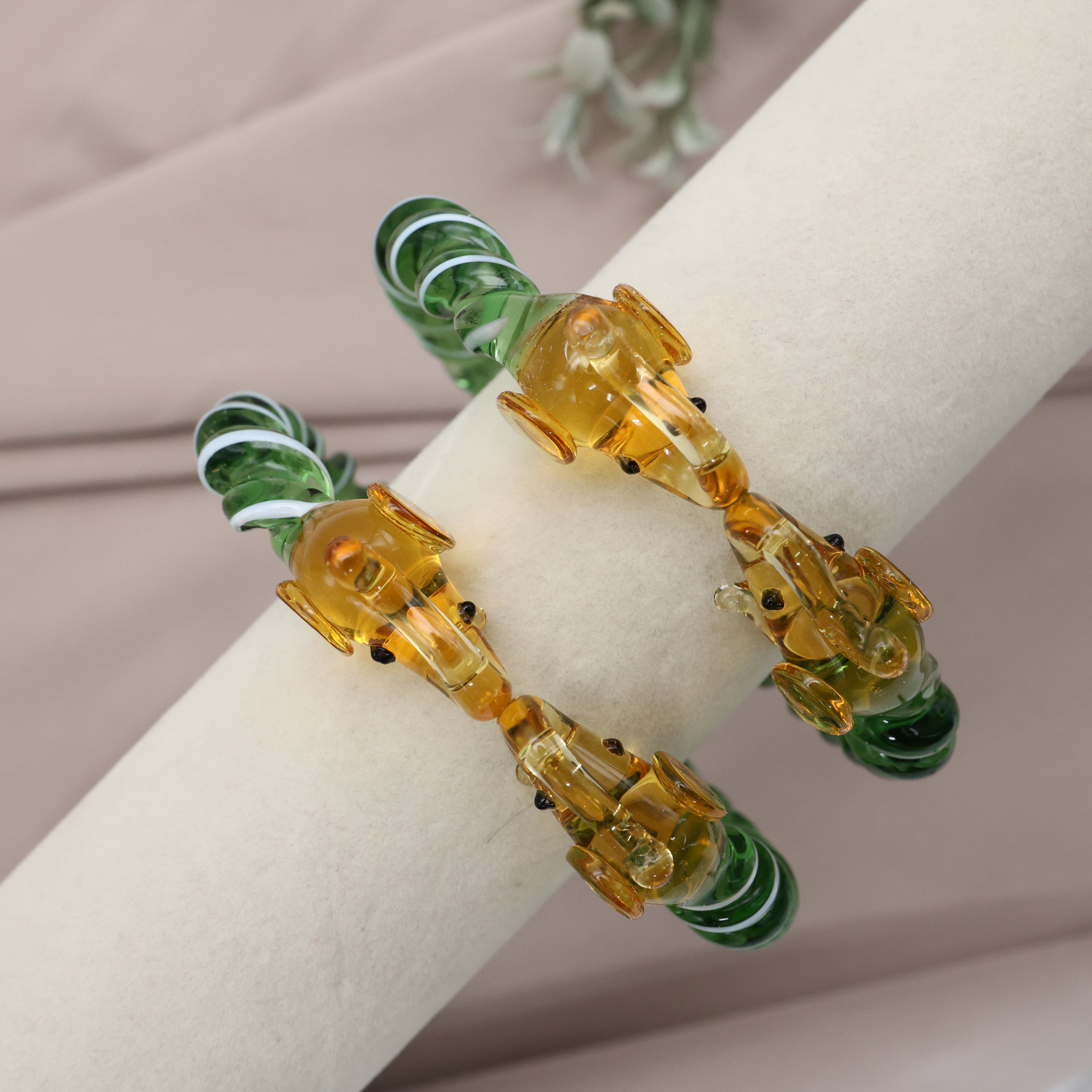 Gold Elephants Spiral Glass Kada (Single Piece) Green - 2.8
