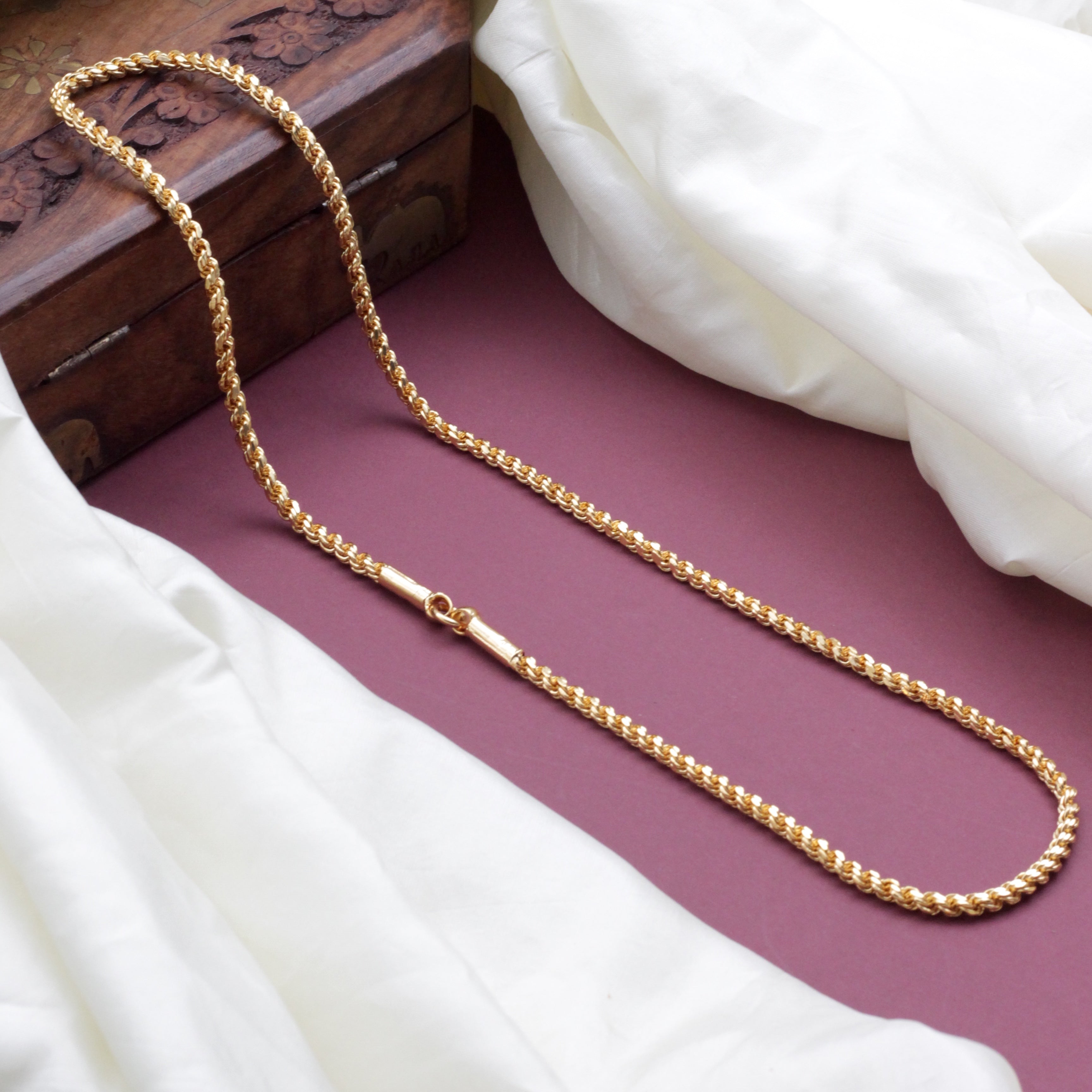 Real Gold Tone Thick Traditional Murukku Chain - 24 Inches