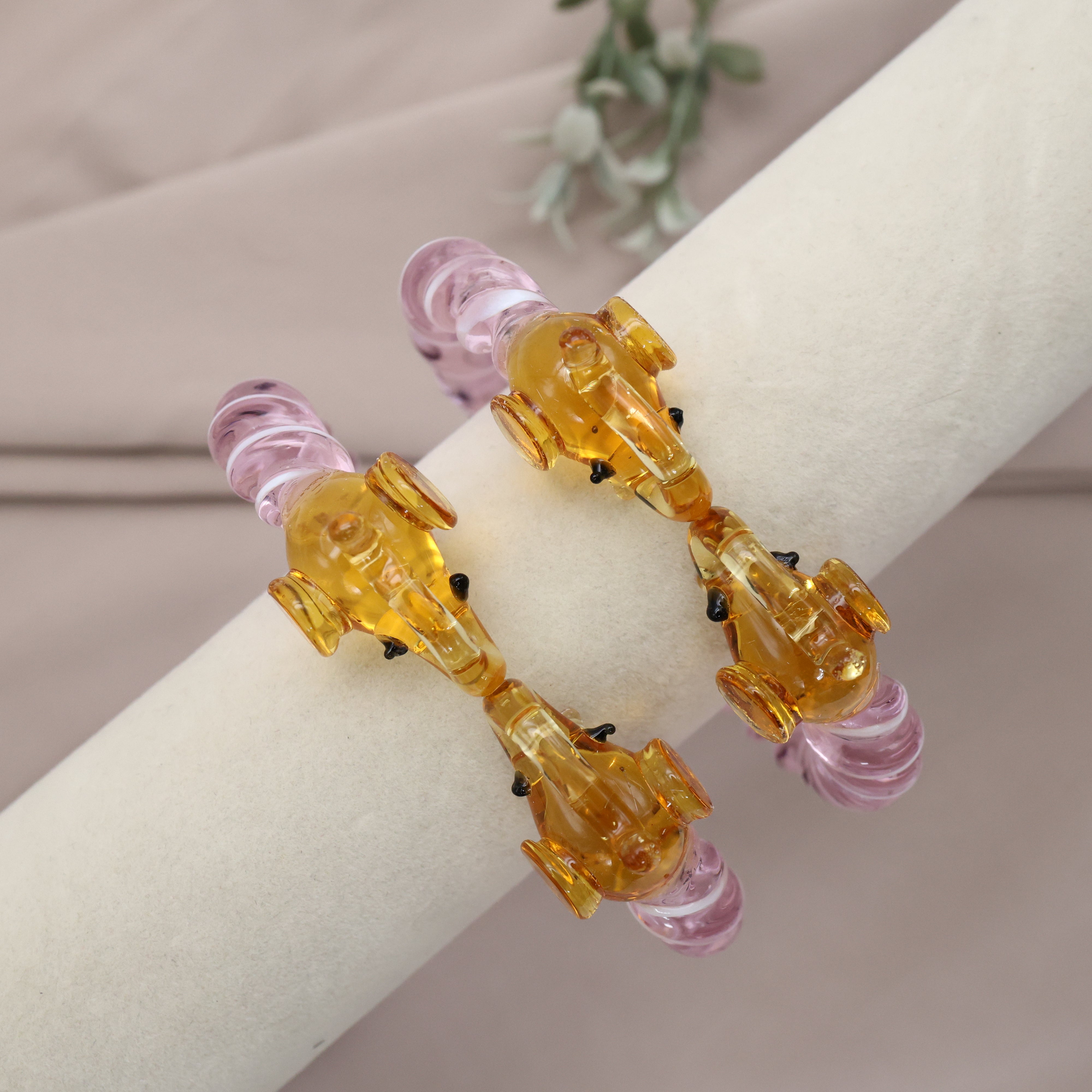 Gold Elephants Spiral Glass Kada (Single Piece) Baby Rose - 2.8
