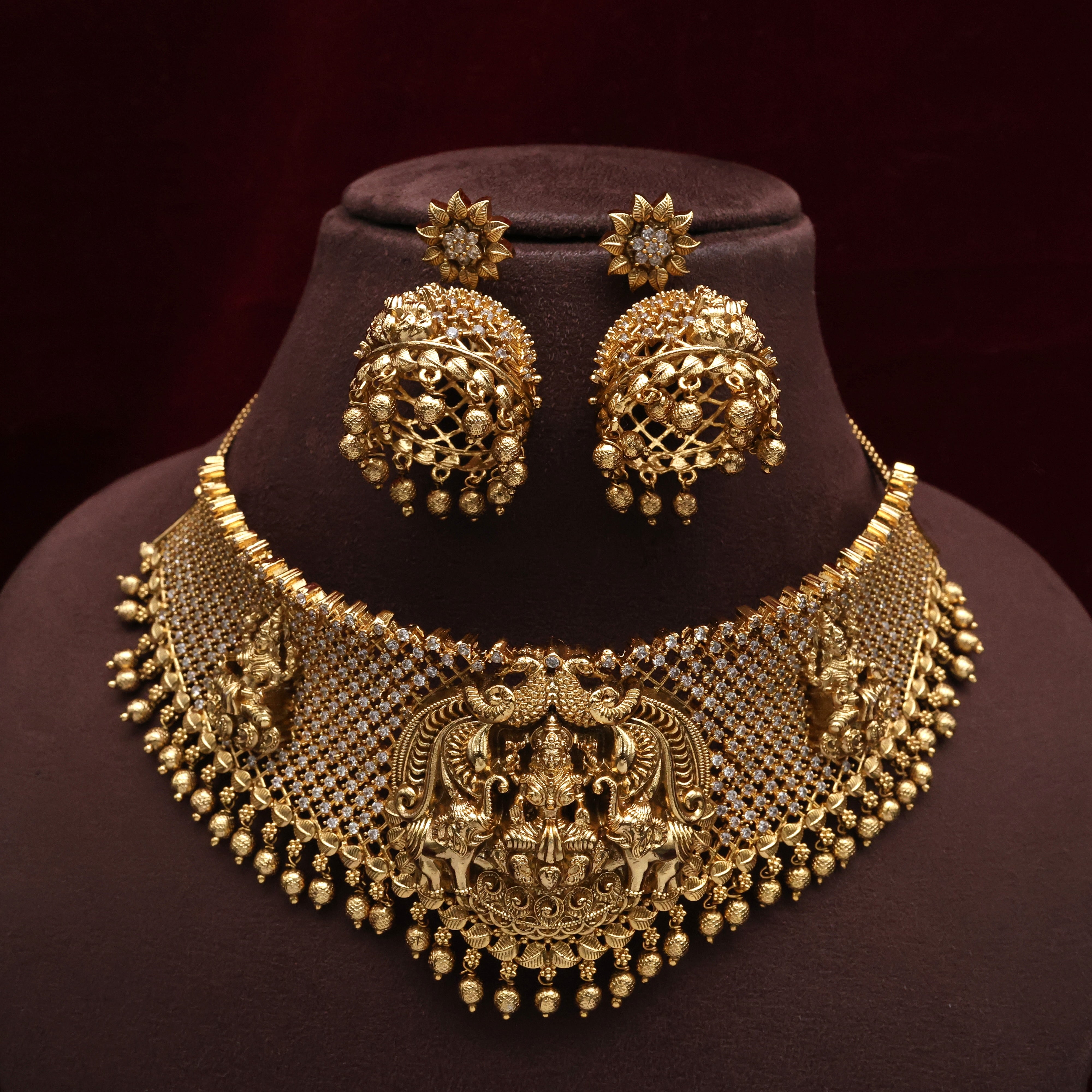 Antique Nagas Work Mahalskhmi Devi AD Diamond Look Bridal Choker Set