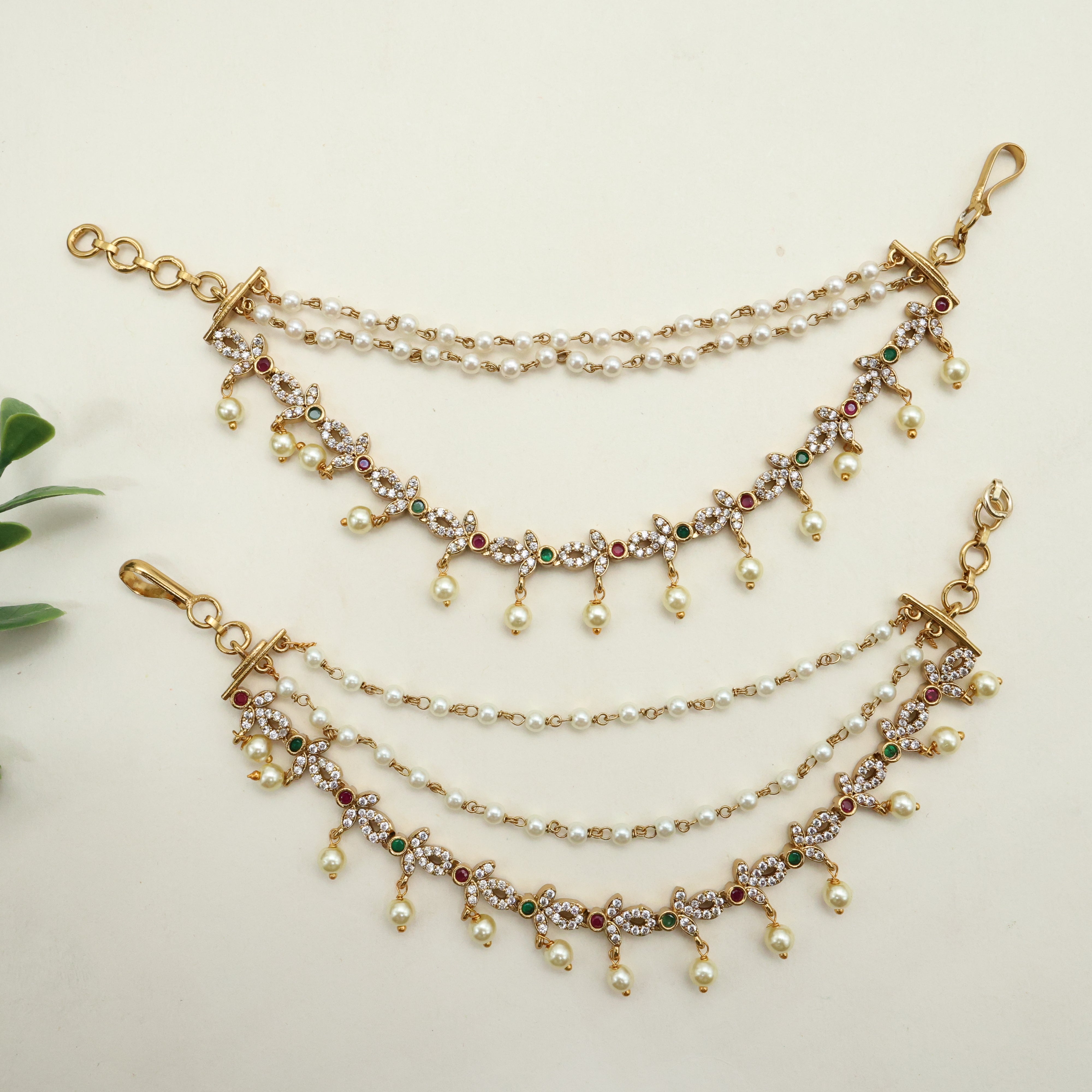 ANTIQUE AD 3 LAYER LEAF BUD BRIDAL EAR CHAIN / MAATAL