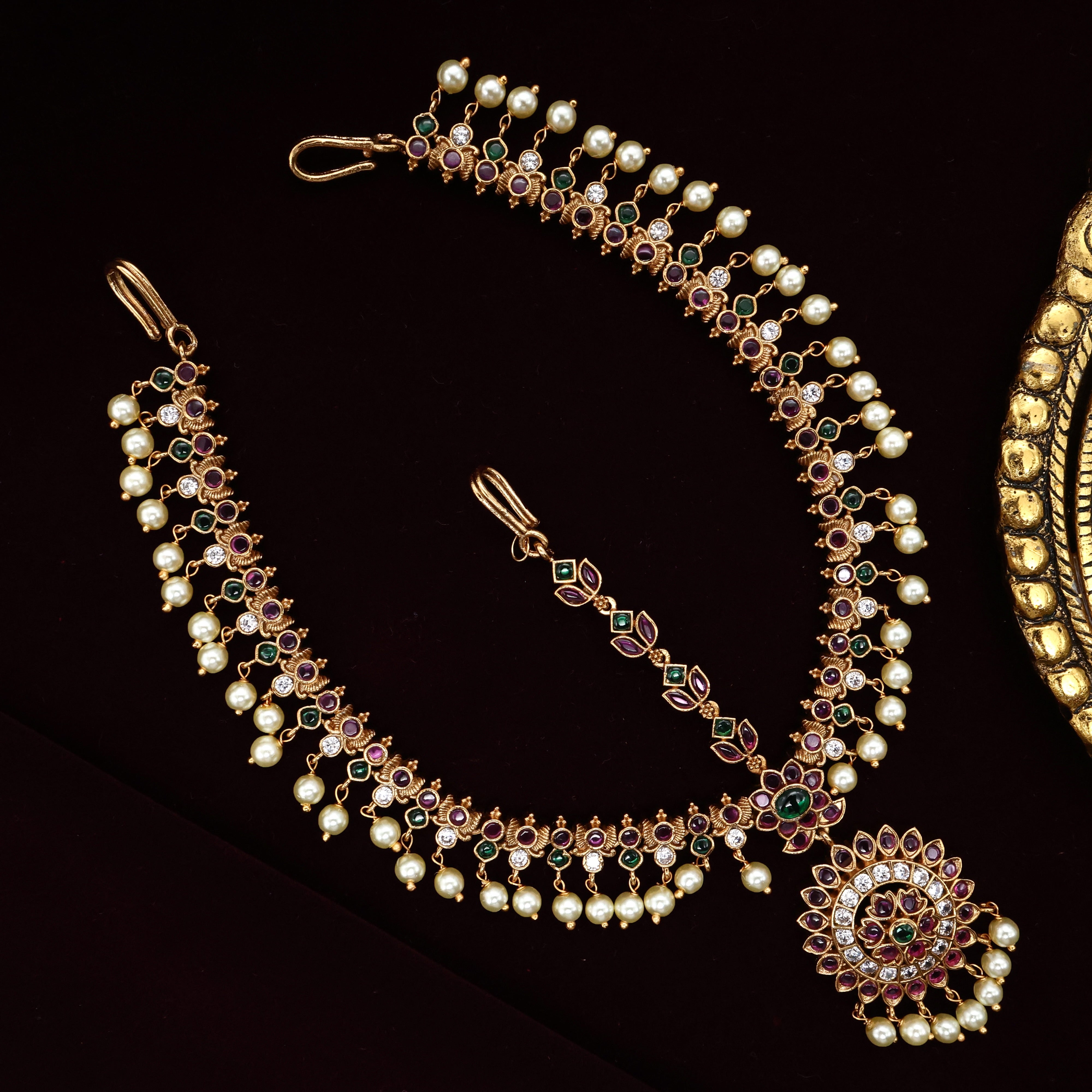 Premium Antique Kemp AD Flower Chakra Bridal Maang Tikka/Nethi Chutti