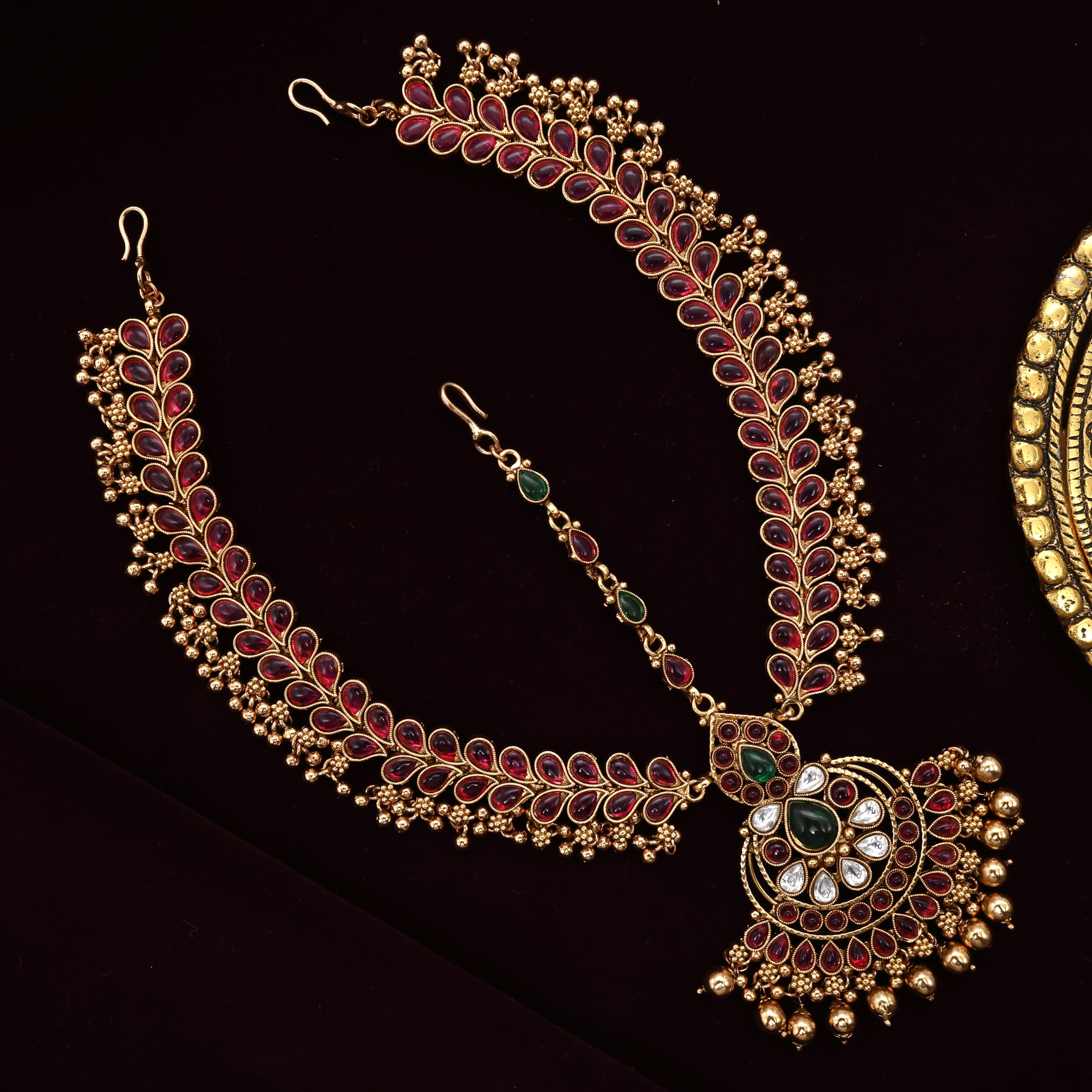 Premium Antique Kemp Double Leaf Chaand Bridal Maang Tikka/Nethi Chutti