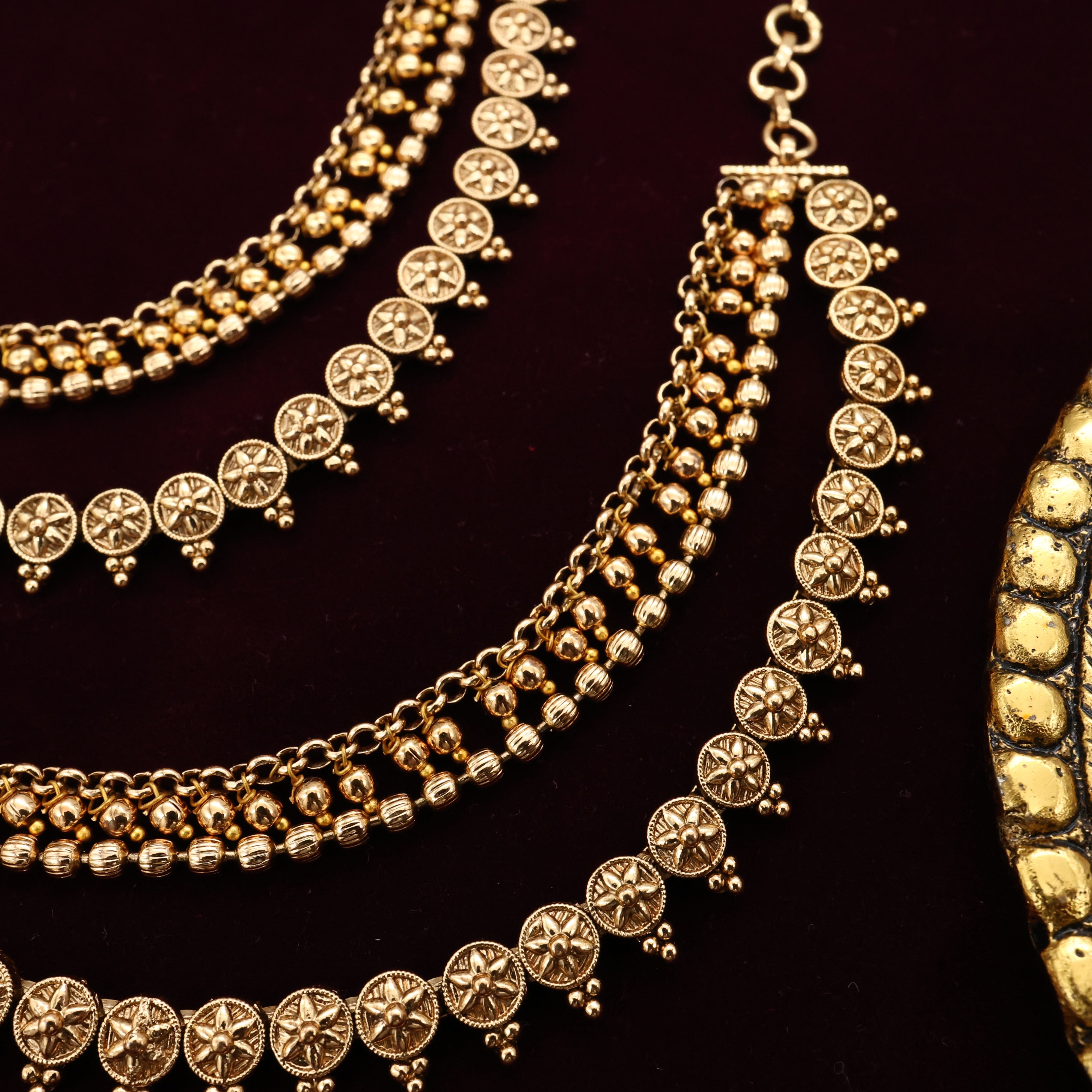 Gold Look Antique 3 Line Flower Chakra Bridal Maatal/Kaan Chain