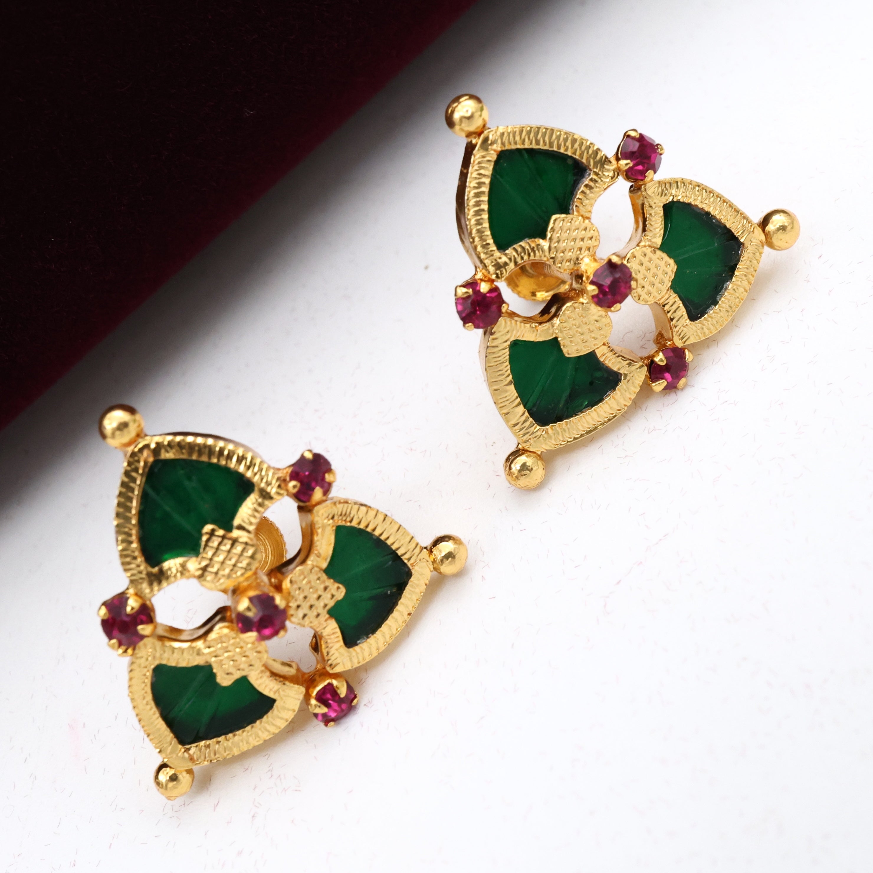 Real Gold Tone Micro Gold Polished 3 Leaf Palakka Traditional Studs/Earrings