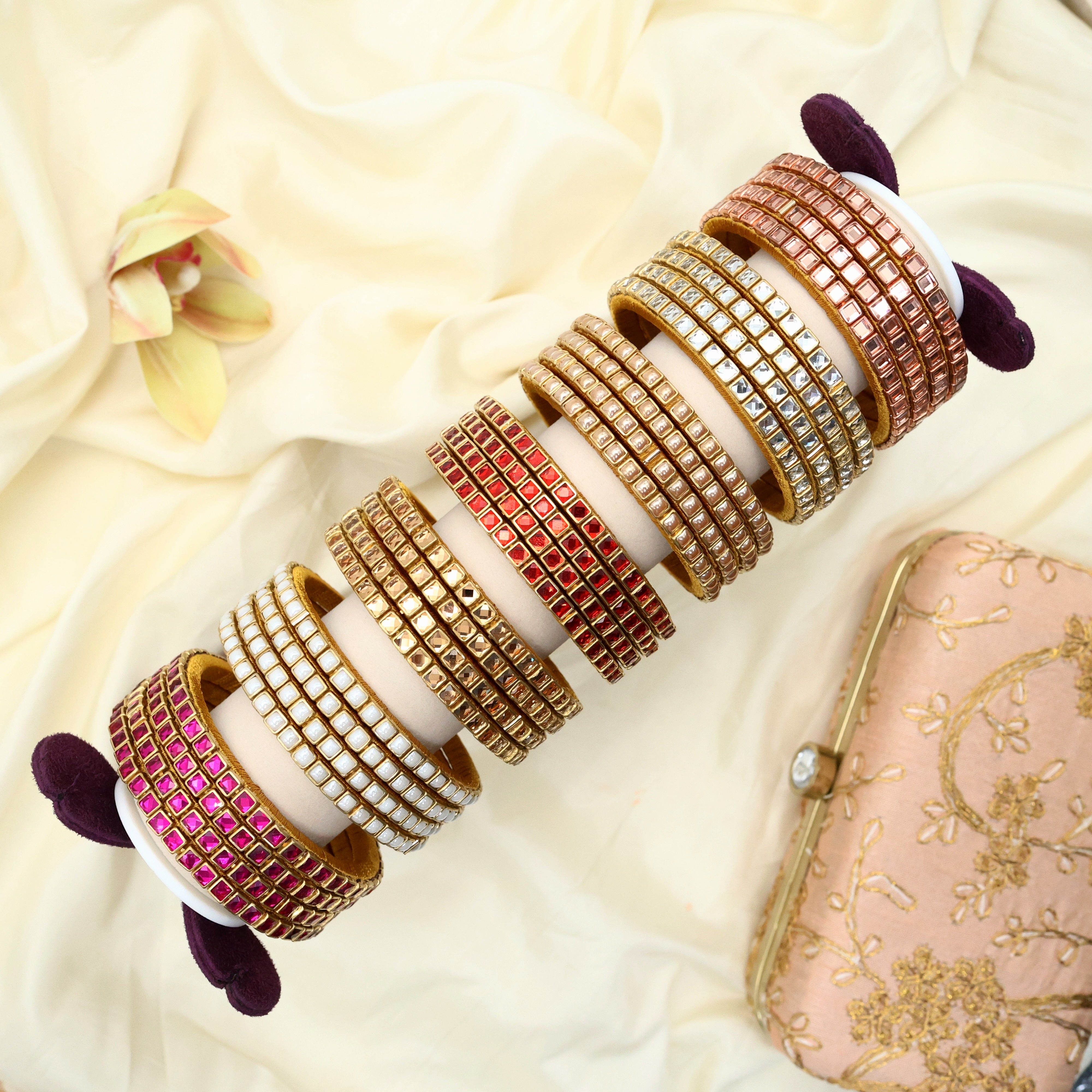 Handmade Silk Thread Kundan Square Stone Bangles - Pack of 7 Sets (Matte & Glossy)