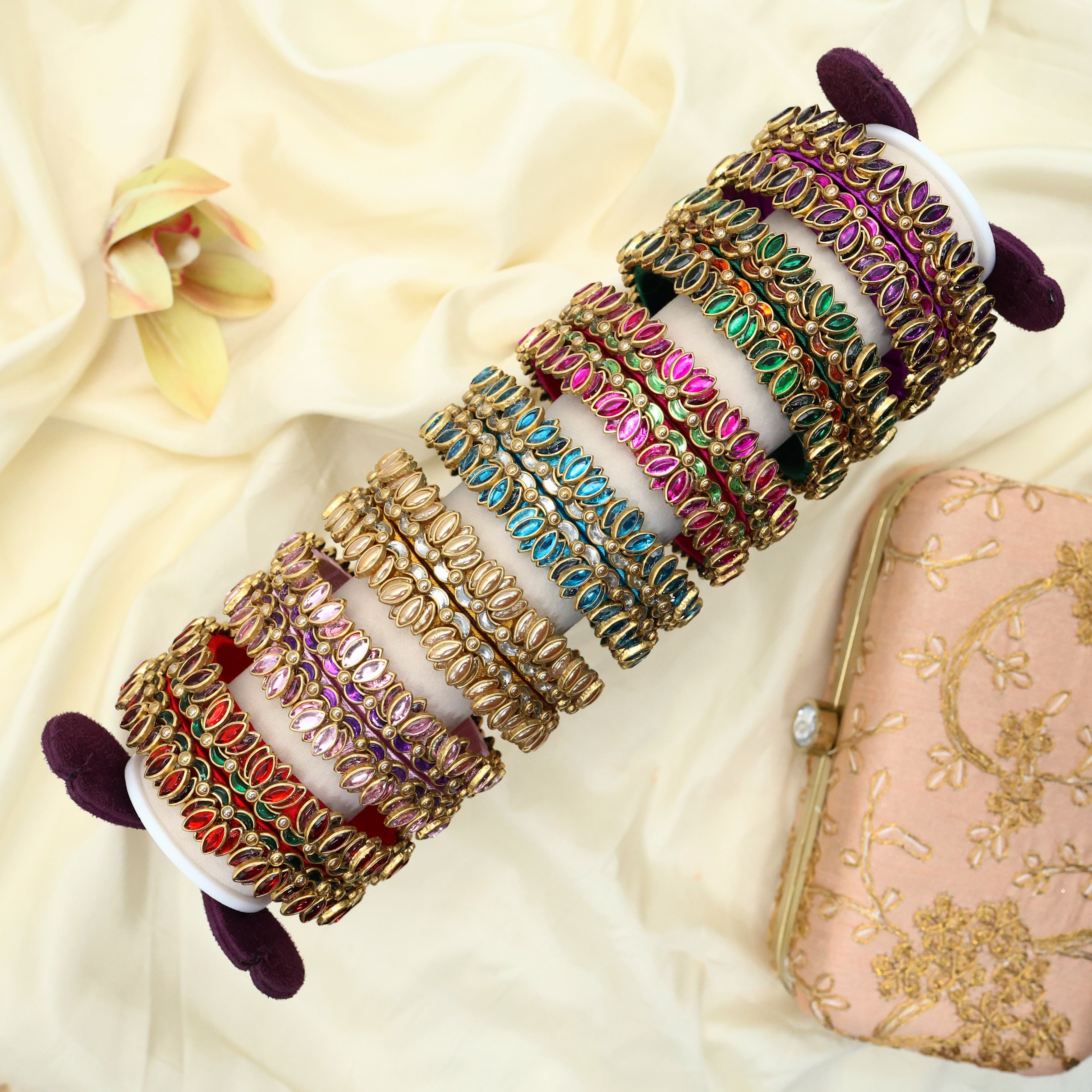 Pack of 7 Pairs Lotus Kundan Handmade Silk Thread Bridal Bangles