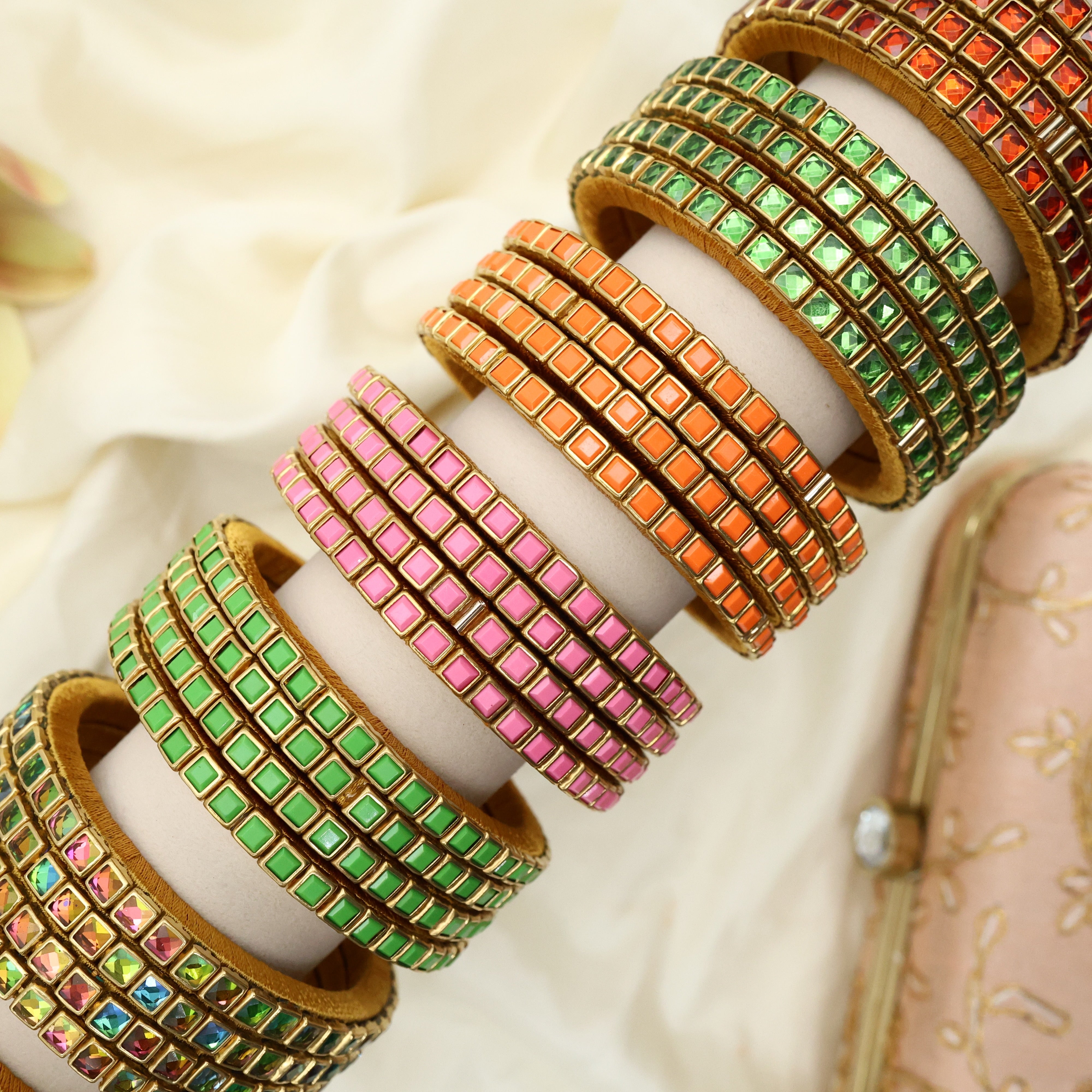 Handmade Silk Thread Kundan Square Stone Bangles - Pack of 7 Sets (Matte & Glossy)