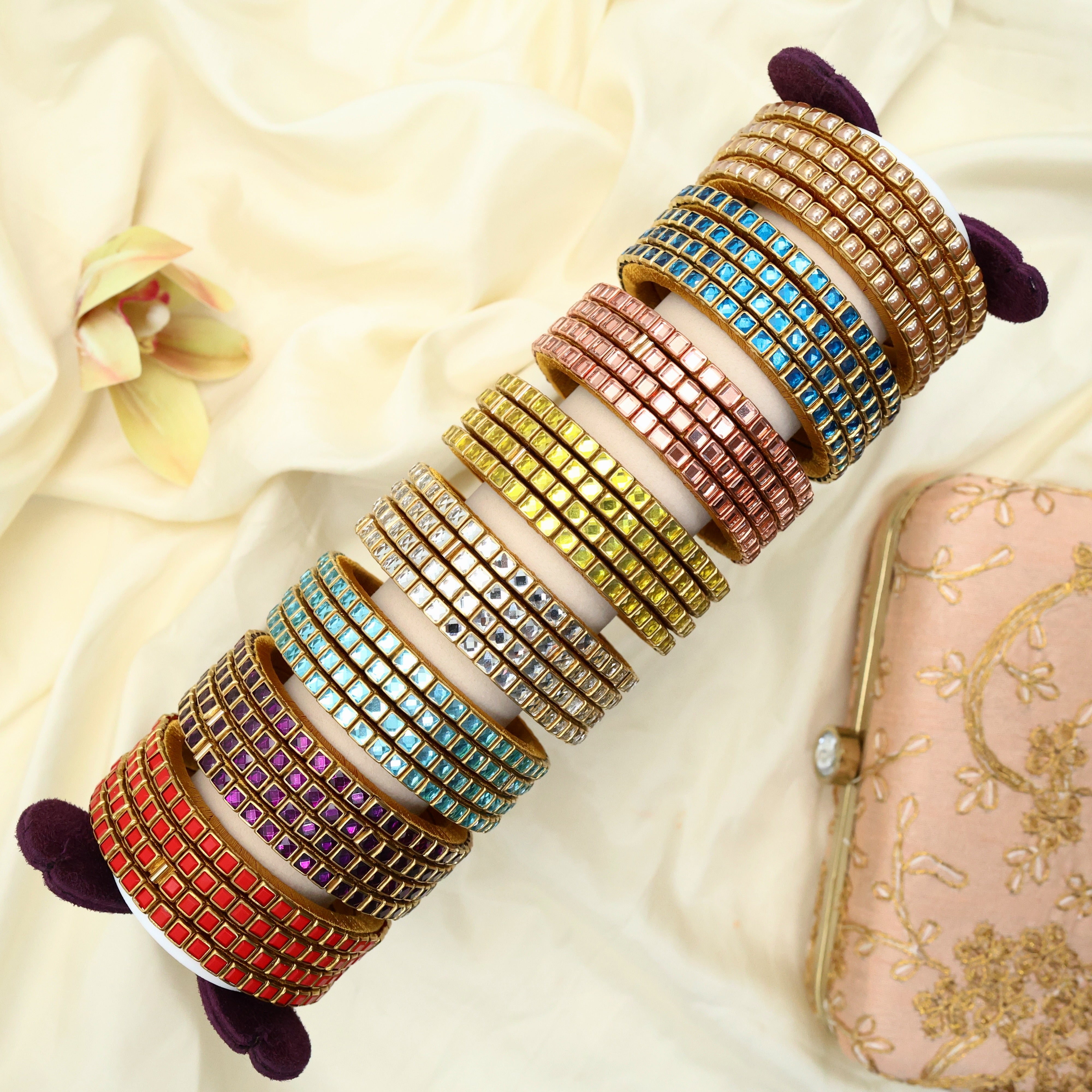 Handmade Silk Thread Kundan Square Stone Bangles - Pack of 8 Sets