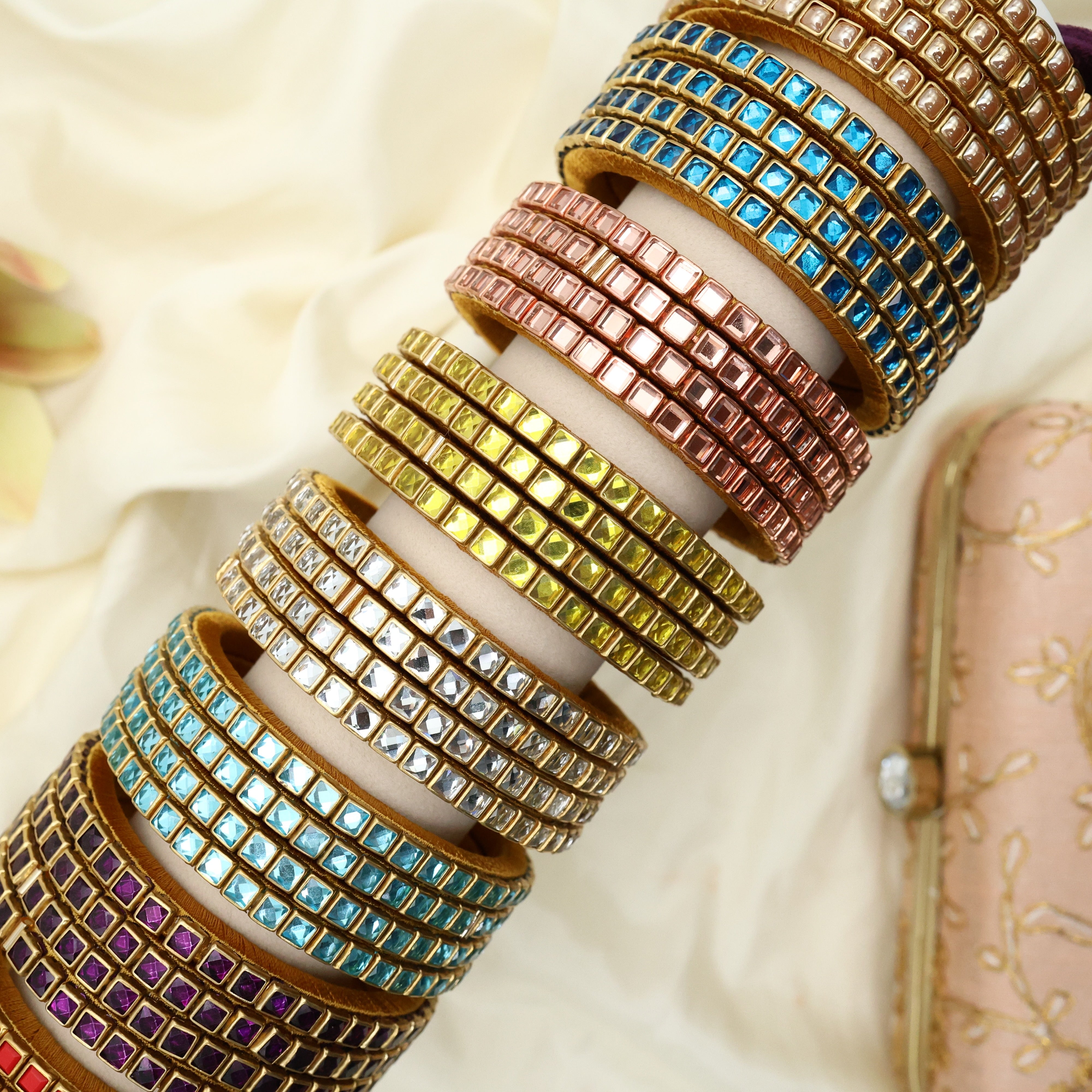 Handmade Silk Thread Kundan Square Stone Bangles - Pack of 8 Sets