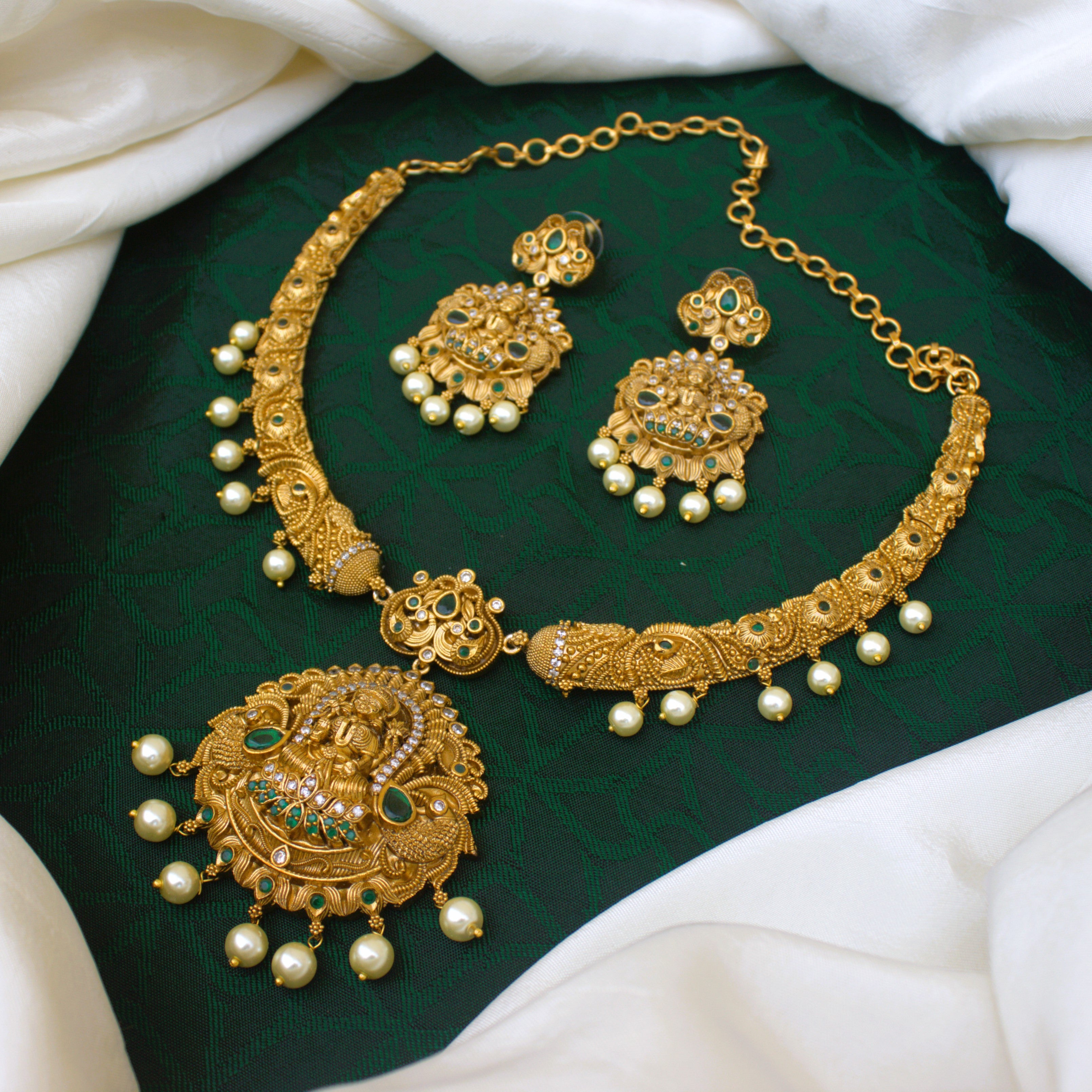 Premium Antique Gold AD Kemp Nagas Mahalakshmi Bridal Hasli Necklace Set