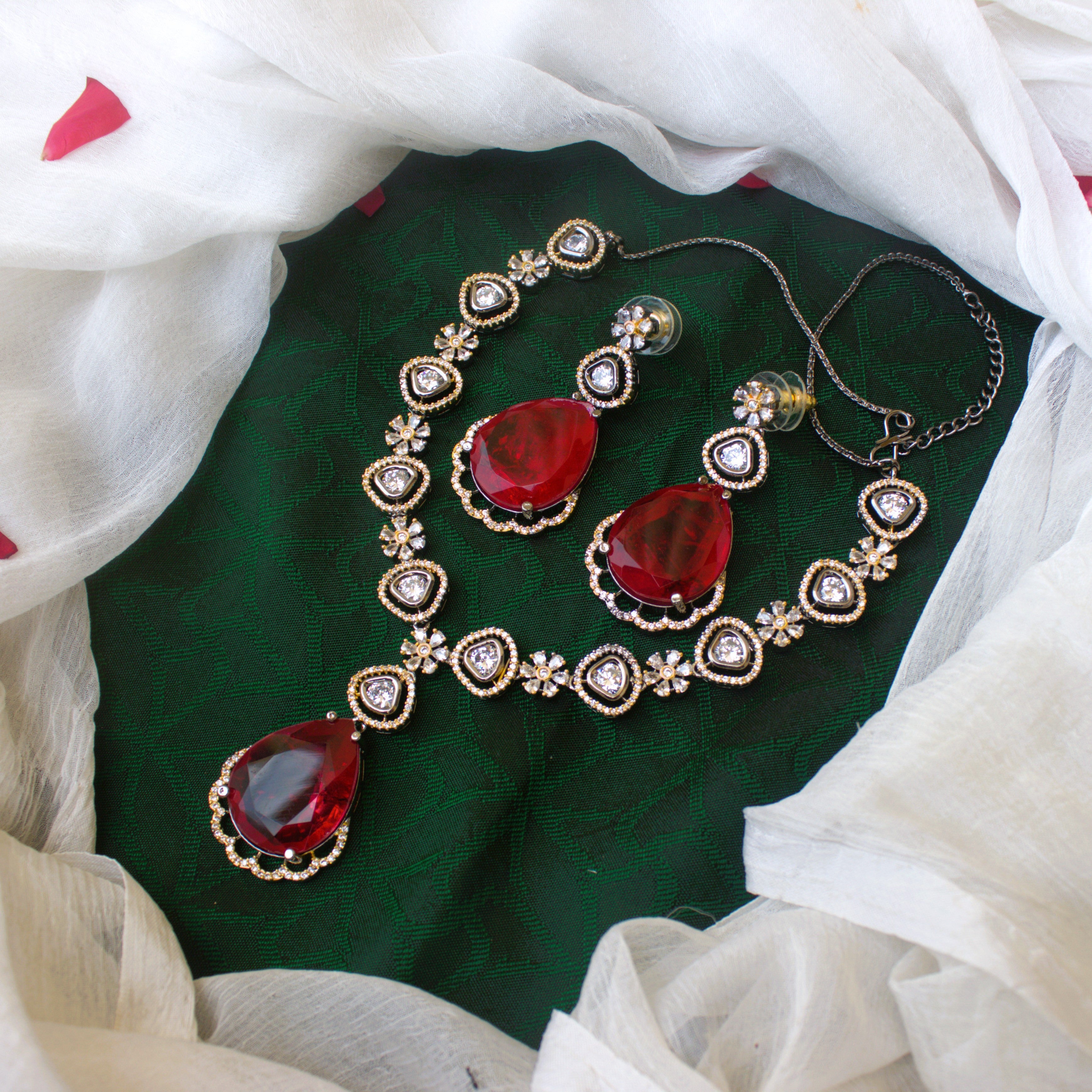 Exquisite Doublet Stone AD Kundan Black Rose Victorian Bridal Necklace Set - Ruby