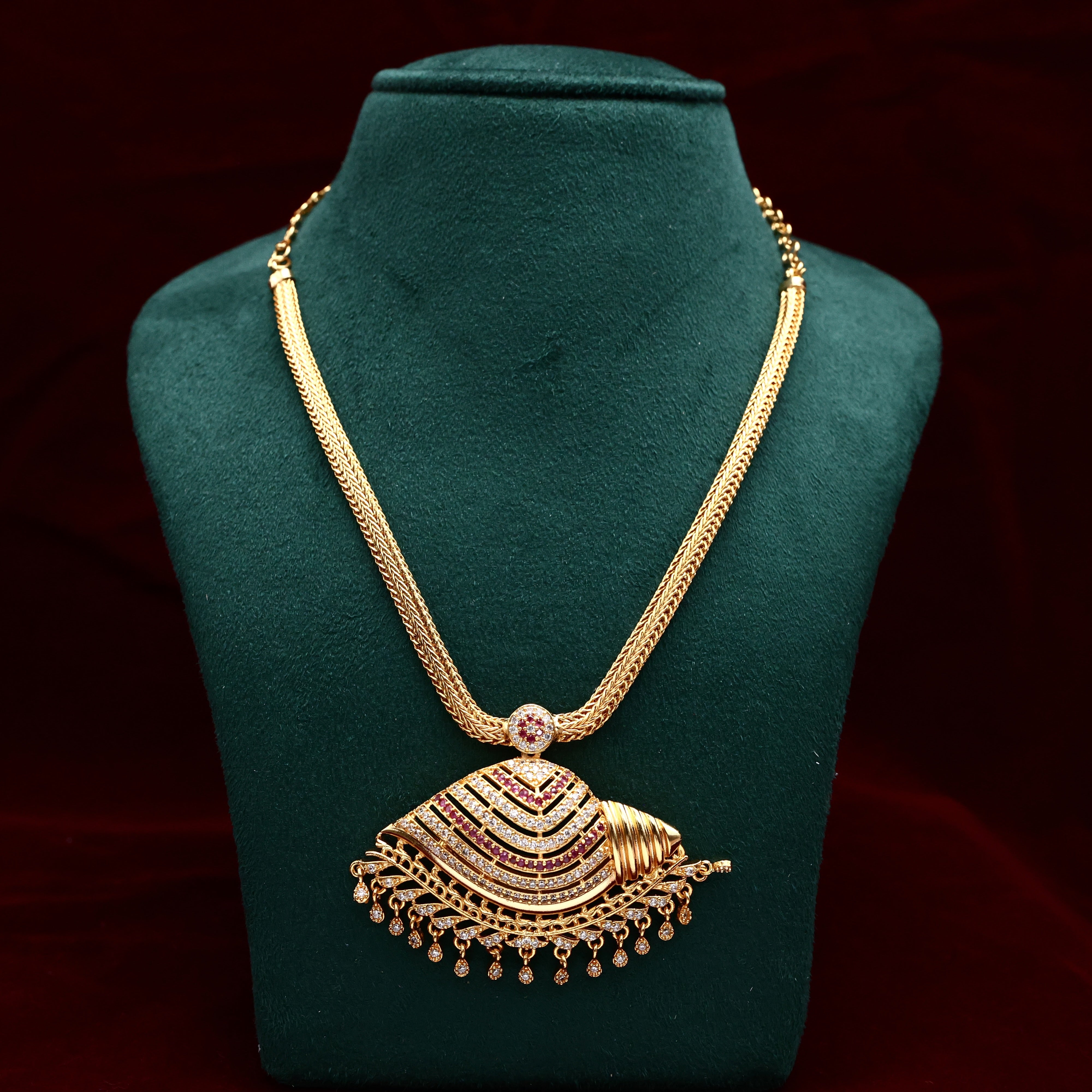 Real Gold Tone Traditional Big Shankh Pendant Necklace - Ruby & White